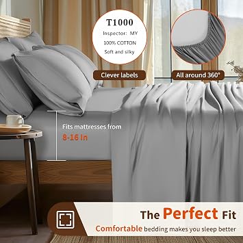 LBRO2M 100% Egyptian Cotton Sheets 16 Deep Pocket 1000TC, 6Pcs Queen | Long Staple Cotton Bed Sheets, Super Soft and Breathable, Comfortable for All Seasons, Gray