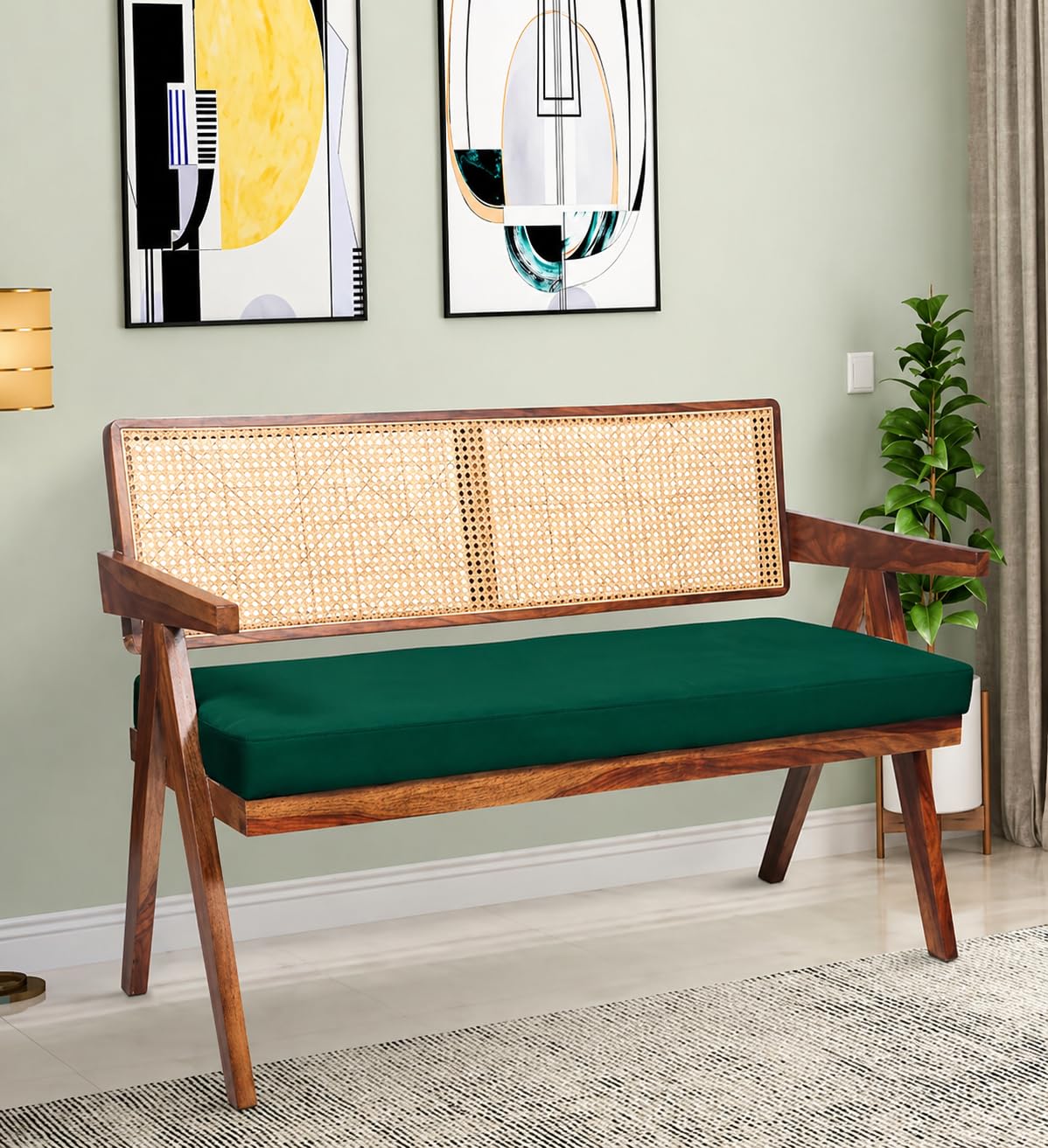 Rattan Cane Wooden Bench with Green Cushion, Modern Living Room Furniture, Handcrafted Design-image-27