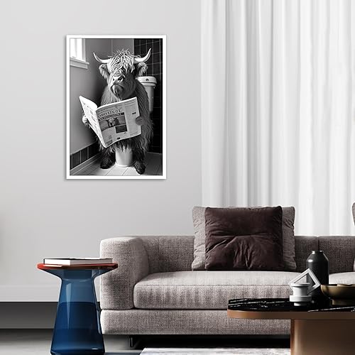 Miniatura 3 de KOEUIRW Divertido lienzo de baño de vaca de las tierras altas, arte de pared de cuernos largos en blanco y negro en el inodoro, póster estético