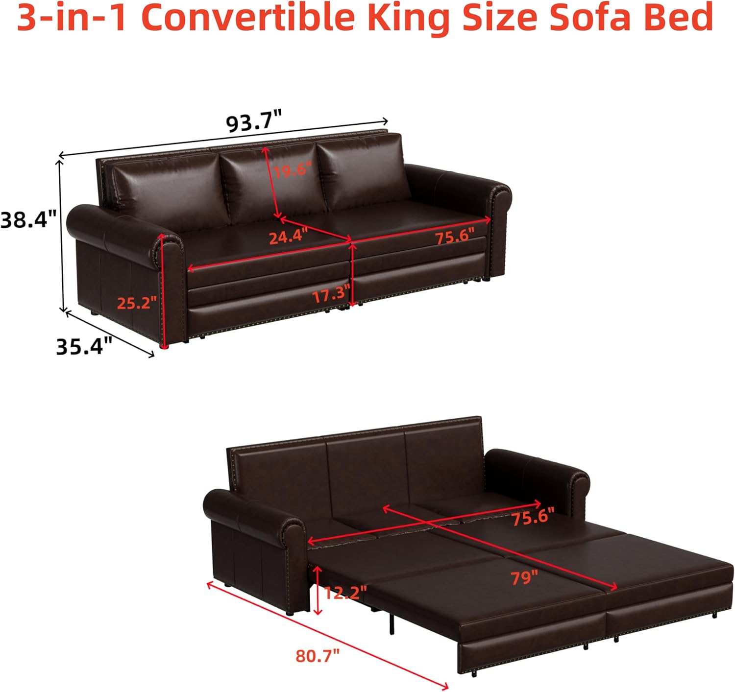 King Size Sofa Bed, 3-in-1 Faux Leather Convertible Sleeper Sofa, Pull Out Sofa Fold Couch Bed with 2 Pillows for Living Room, Bedroom, Apartment, Office (Dark Brown)