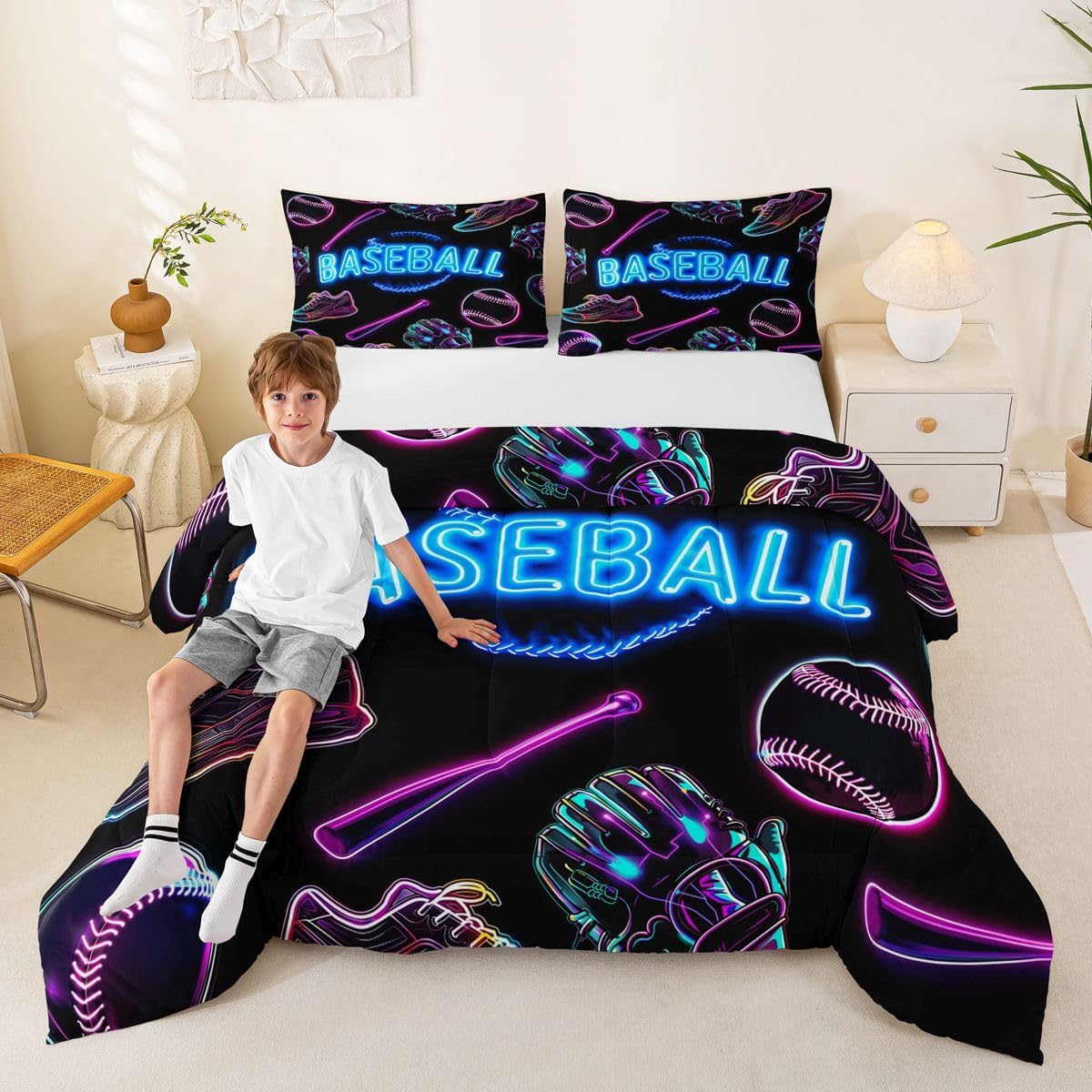 Erosebridal Baseball King Comforter Set for Boys Sports Game Bedding Set Kids Teens Glowing Ball Games Comforter Baseball Bat Gloves Shoes Pattern Quilt Duvet,1 Comforter and 2 Pillowcases