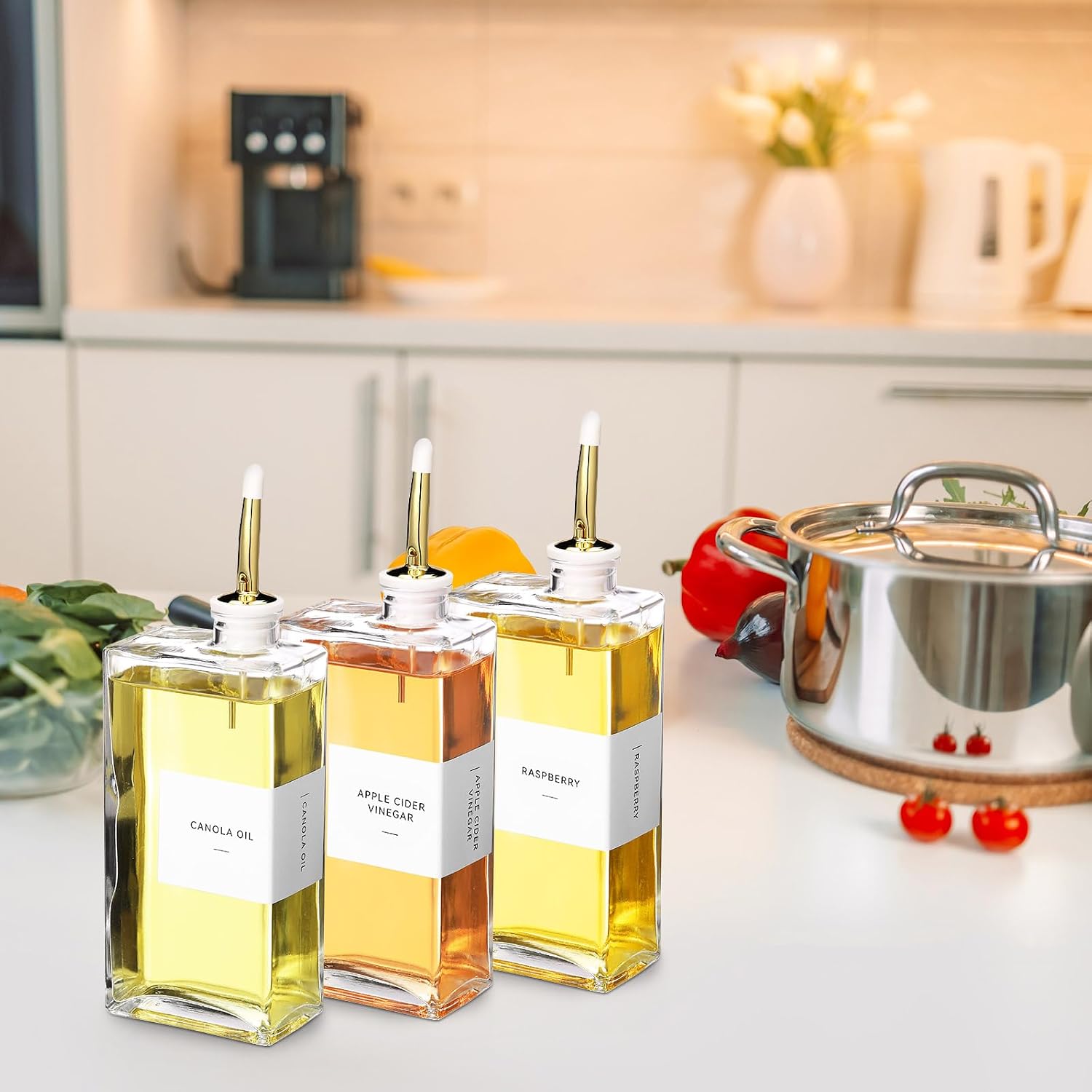 Reallnaive 3 Sets Olive Oil Dispenser Bottles for Kitchen with Nozzles Funnel Labels Cooking Oil Dispenser 500ml Set for Kitchen Vinegar Coffee Syrup (Gold)
