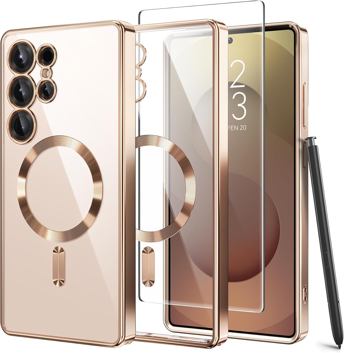 Magnetic Case Compatible with Samsung Galaxy S25 Ultra,Compatible with MagSafe,[Full Camera Protection][Screen Protector] Shockproof Plating Clear Phone Cover for Galaxy S25 Ultra(Rose Gold/Clear)