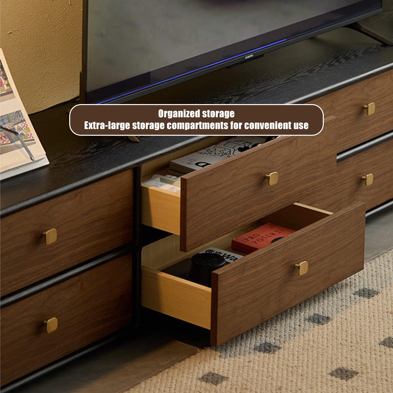 Mobile TV Legno Noce Nero Console Multimediale Maniglia Metallo Dorato | Centro Intrattenimento in Legno con Contenitore, Comodino Vintage in Legno Massello con Cassetto(180CM/70.8IN)