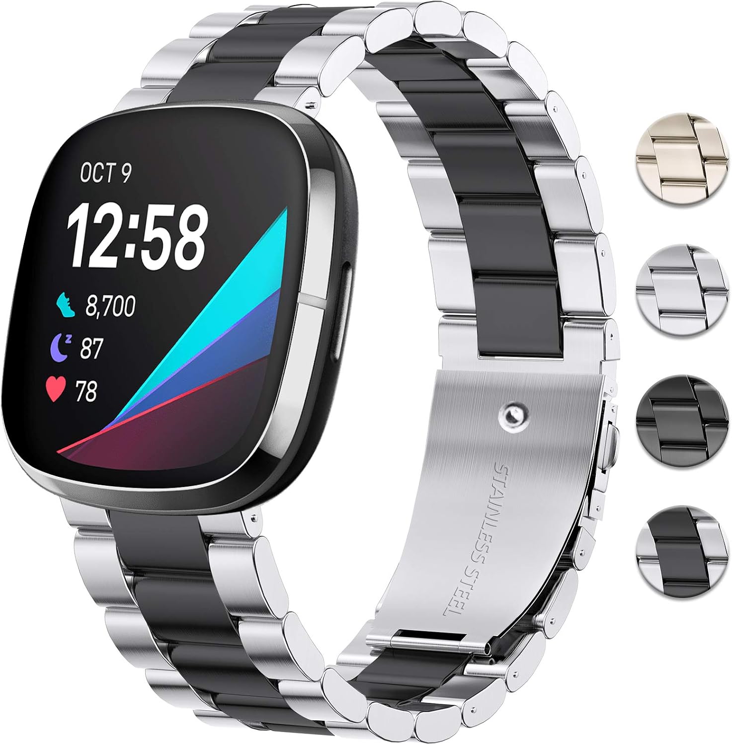 DAIKA Metal Bands Compatible with Fitbit Sense/Versa 3, Solid Stainless Steel Strap Replacement Wristband Business Bracelet Accessories with Metal Buckle Clasp for Sense/Versa 3 Smartwatch
