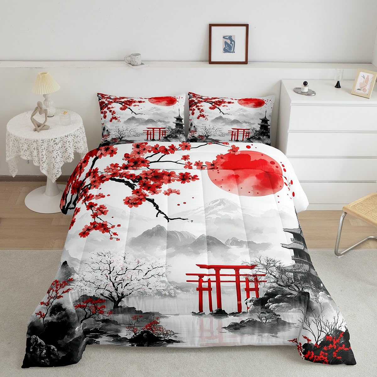 Feelyou Japanese Style Comforter Set Full Size Kids Red Cherry Blossoms Bedding Set for Boys Girls Teens Mount Fuji Torii Comforter Breathable Ink