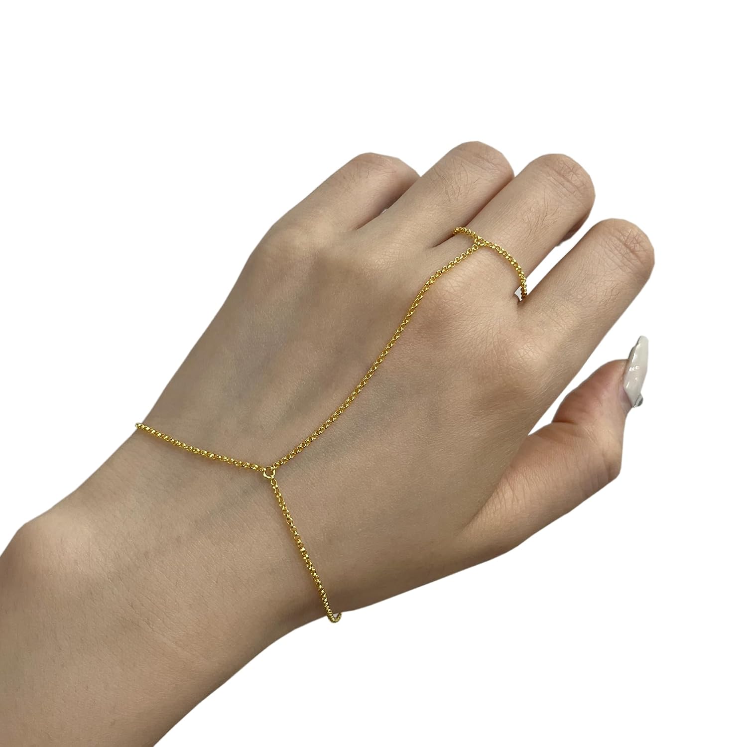 14K Gold Finger Ring Bracelet Hand Chain for Women, Sterling Silver Handmade Slave Bracelets 7" to 9" Adjustable