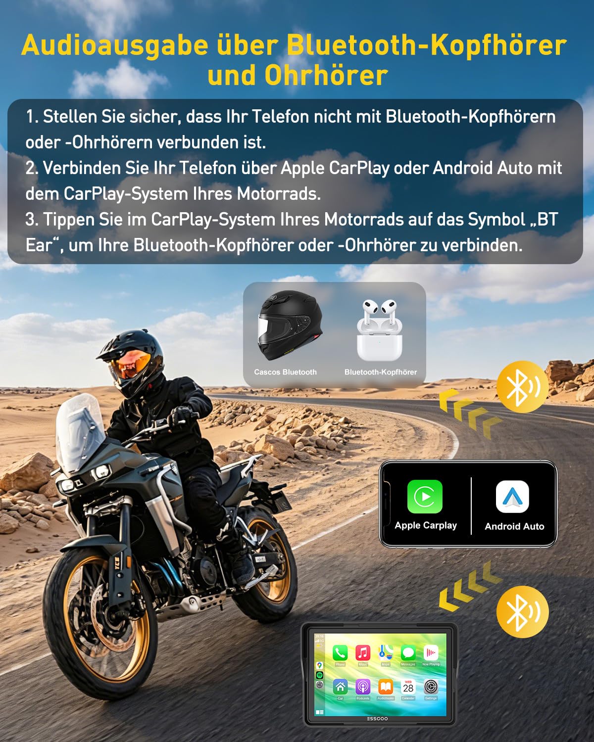 ESSGOO 5 Zoll Motorrad Carplay Display,Kabelloses Motorrad Navigationsgerät mit Apple CarPlay & Android Auto,IP67 Wasserdicht,Dual Bluetooth 5.3,GPS Navigation,Sprachassistent,Acc Stromversorgung