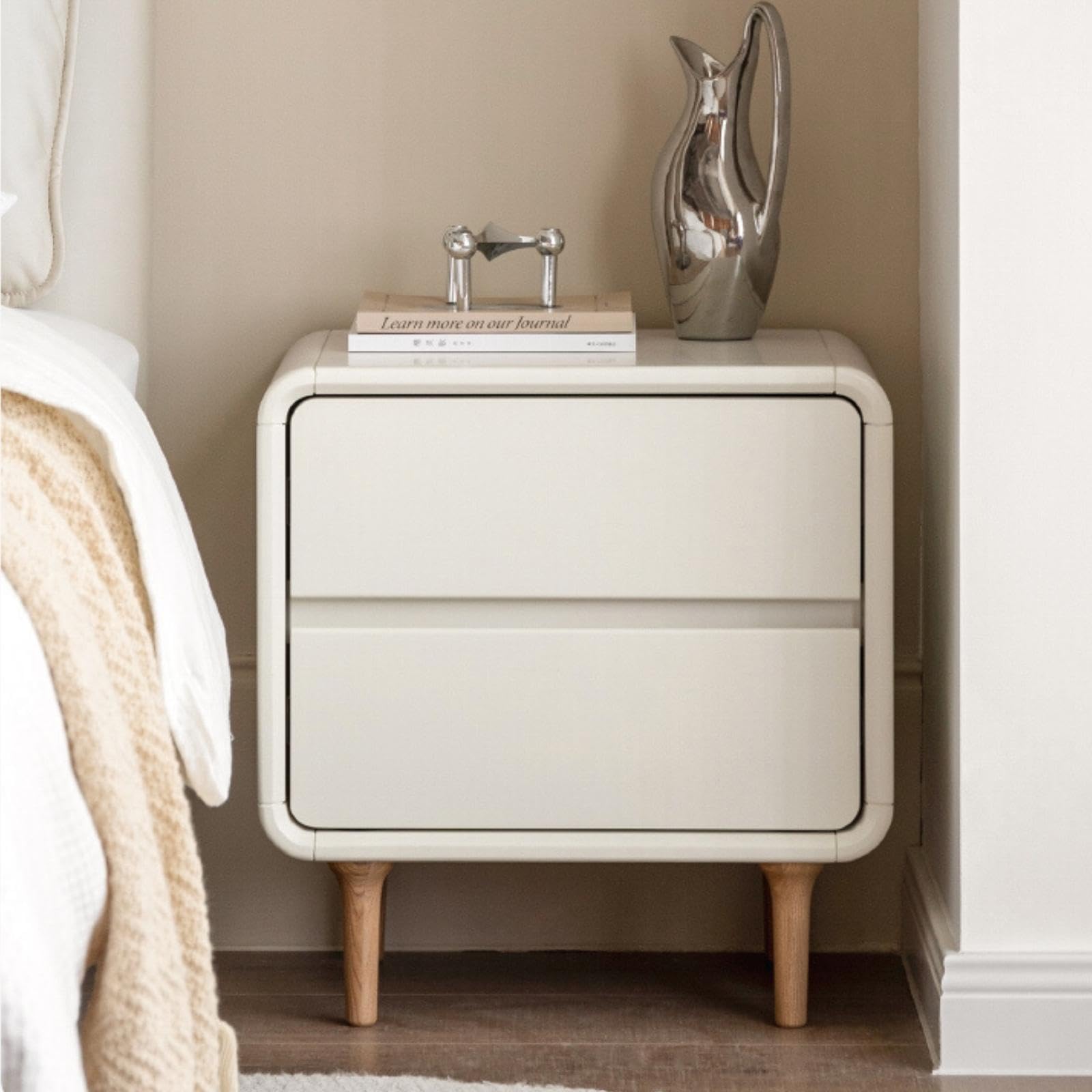 White Nightstand - 100% Solid Oak Wood Bedside Table with Two Drawers - Short Nightstand,Small Bedside End Table for Bedroom,Living Room - 18.5inch (1, White)