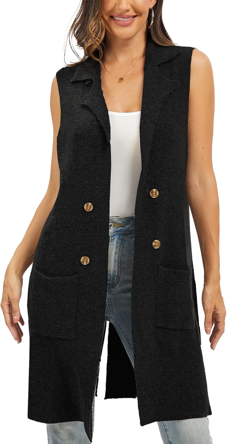 Moss Rose Sleeveless Cardigans for Women Open Front Sweaters Vest Lapel Collar Button Down Long Outerwear Coats - Image 4