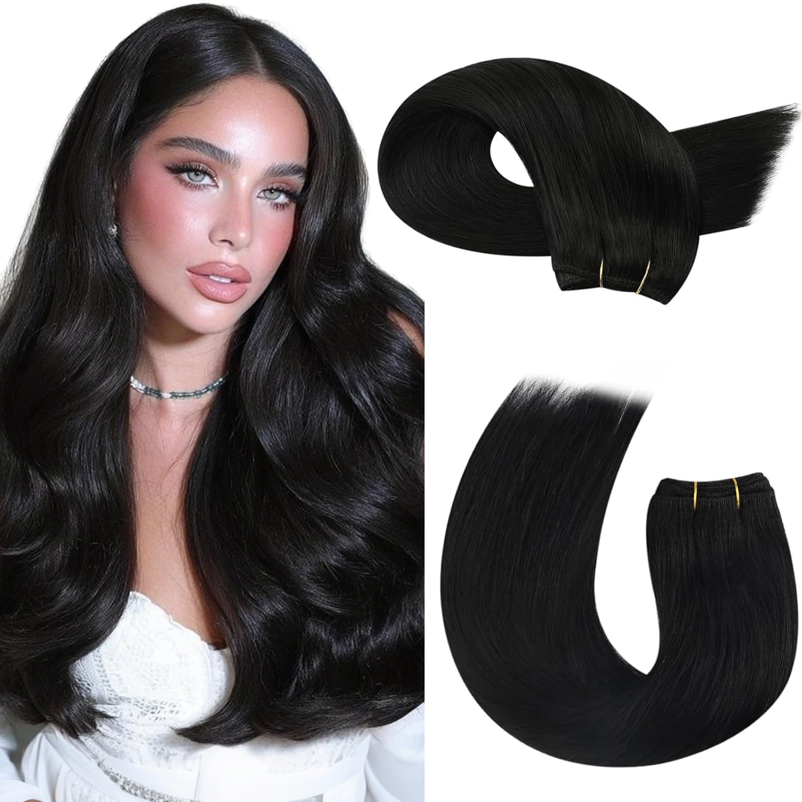 Moresoo Black Hair Extensions Weft Remy Human Hair 18 Inch 120g Double-wefted Sew in Hair Extensions Real Hair Jet Black for Women #1