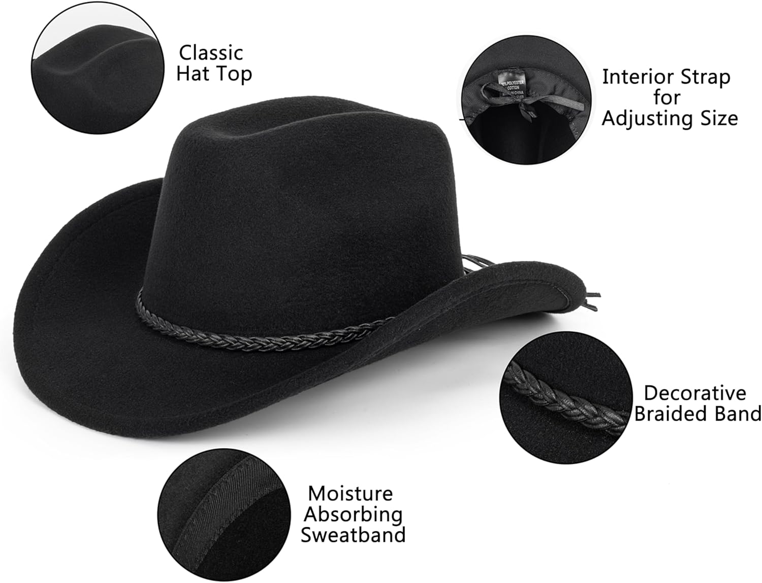 Vintage Western Cowboy Hat for Men Women - Wide Brim Cowgirl Fedora Hats with Braided Rope Band M - Image 5