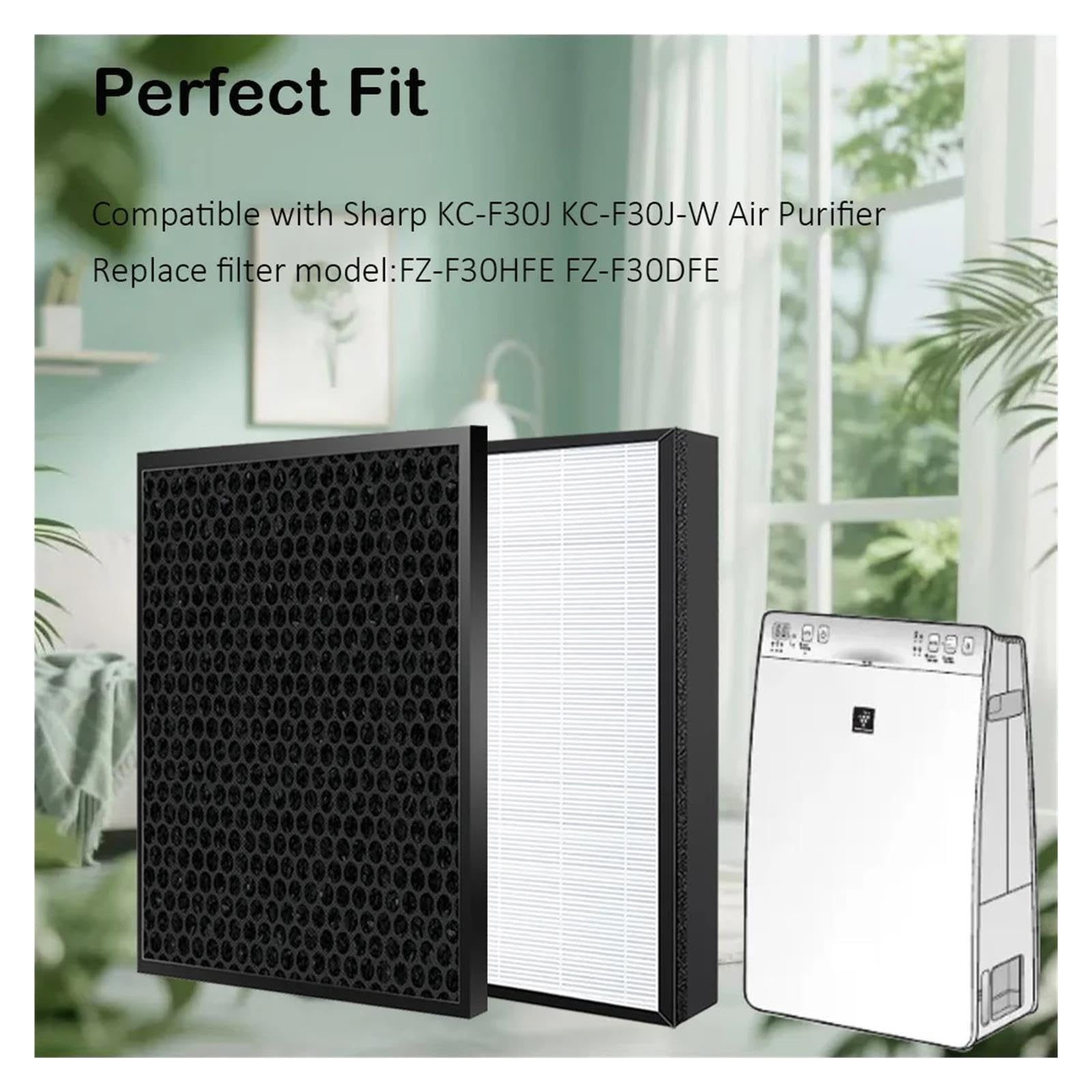 Filtro De Carbón HEPA De Repuesto FZ-F30HFE FZ-F30DFE, For KC-F30J | Compatible con purificador de aire Sharp KC-F30J KC-F30J-W, alta eficiencia, bajo nivel de ruido(1 SET and Humidifier)