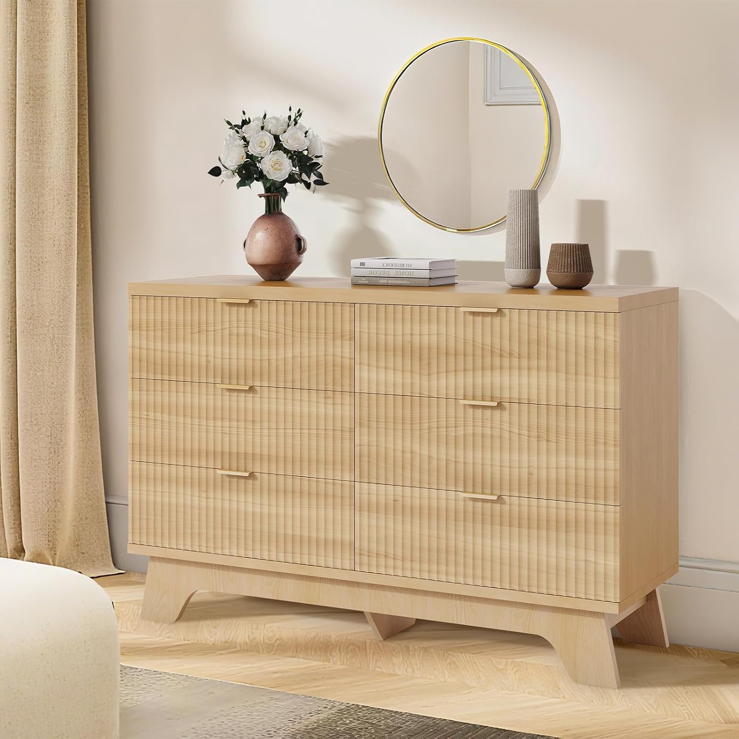 6 Drawer Dresser for Bedroom, 47" Wide Fluted Dressers Chest of Drawers, Wooden Dresser TV Stand with Gold Handle, Mid Century Modern Dressers for Living Room, Entryway, Oak