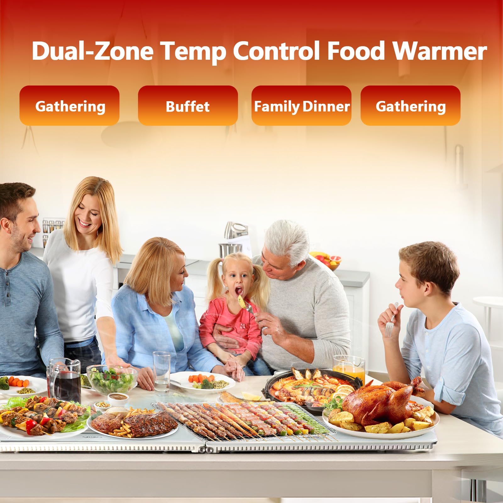 Bandeja calentadora de alimentos de doble zona, placa de calentamiento de escritorio ensamblable con control táctil, bordes resistentes al calor y base aislada, superficie a prueba de manchas para