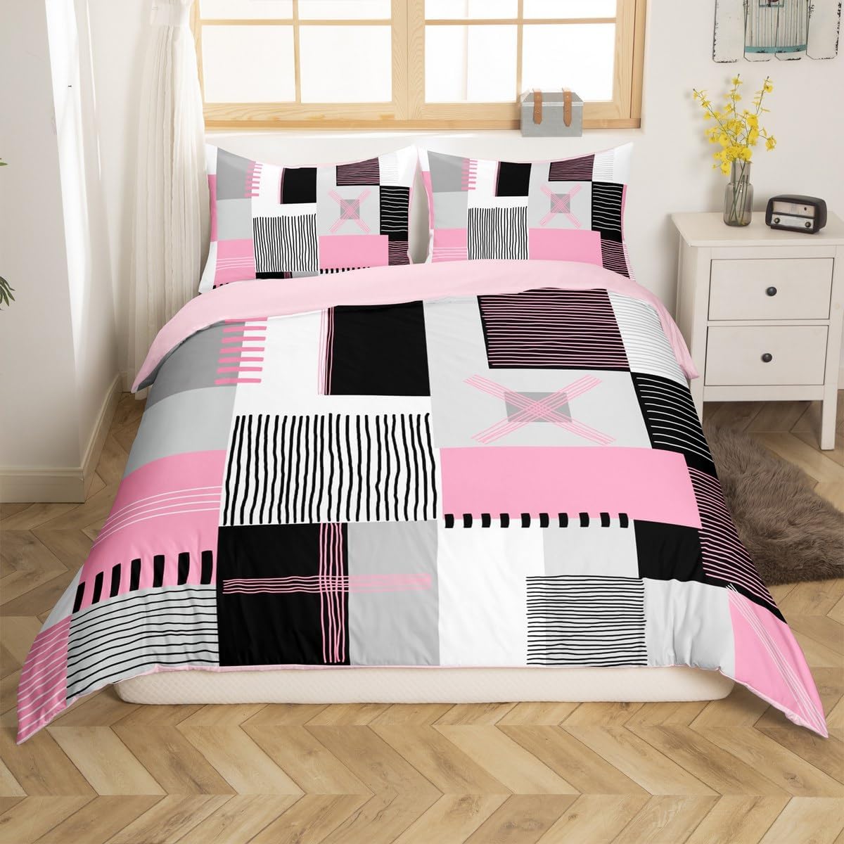 Erosebridal Lime Green Grey Comforter Cover Queen Black White Abstract Bedding Set for Kids Boys Teen Men Geometric Square Duvet Cover Grids Checkered Bed Set Modern Fashion Room Decor 3 Pcs