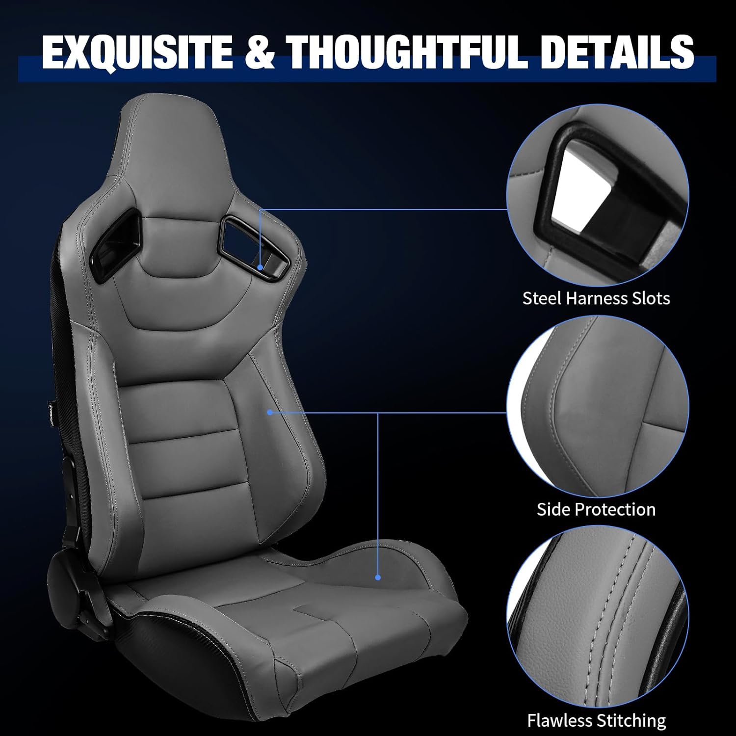 FREEMOTOR802 Racing Seat with Dual Lock Slider, Universal For Most Cars Vehicles First Row, Right Passenger Side Reclinable Sport Bucket Seat, PU Carbon Fiber Look Leatherette, Gray