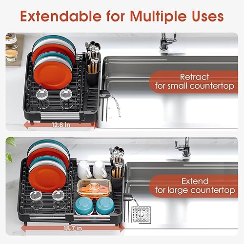 Miniatura 2 de TOOLF - Escurridor de platos con bandeja para escurrir el agua, extensible, para encimera de cocina, escurridor de platos expandible, escurridor de