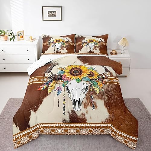 Miniatura 3 de Erosebridal Juego de edredón occidental de piel de vaca marrón, edredón de calavera de toro, juego de ropa de cama de plumas de girasol bohemio con