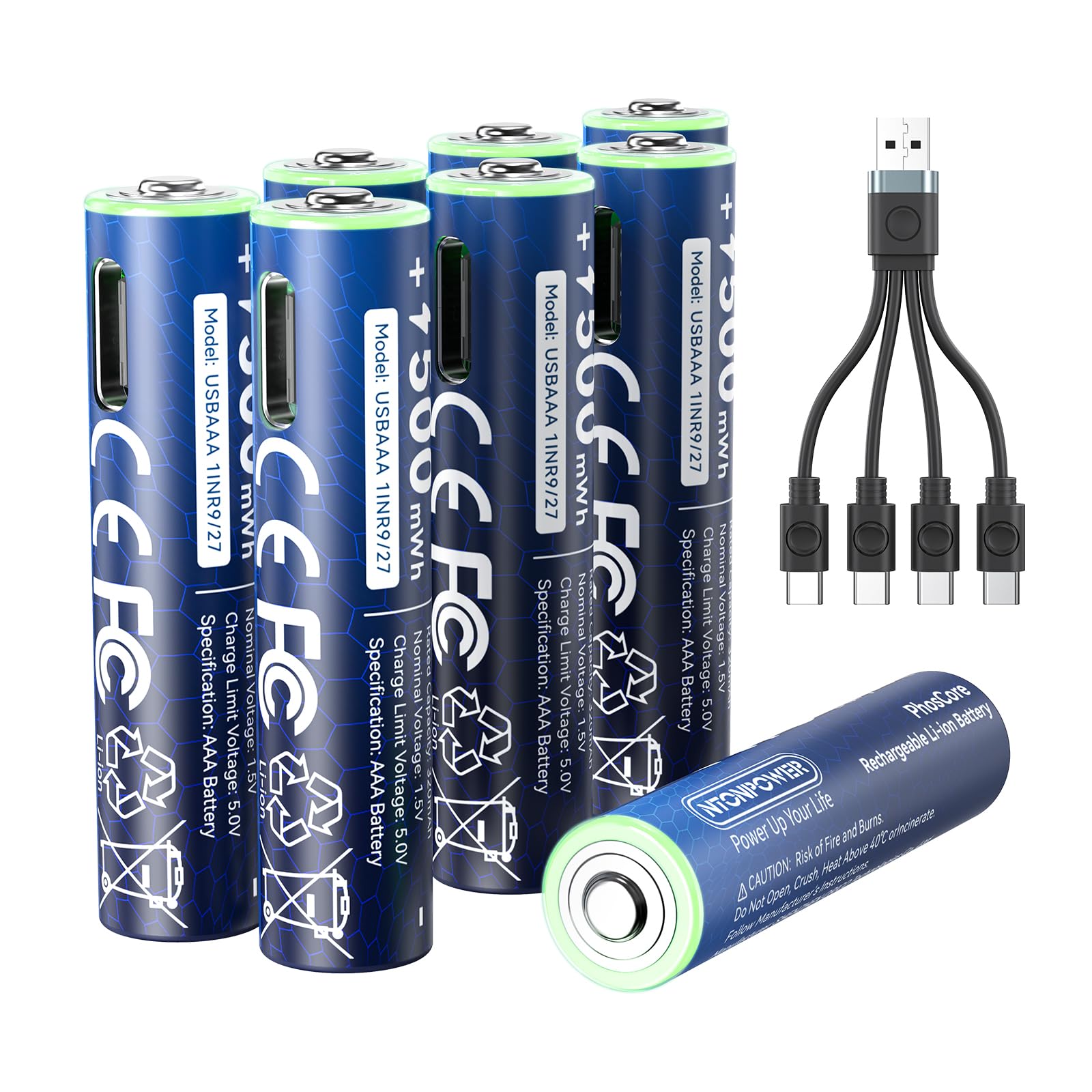 NTONPOWER Pilas AAA de litio 1,5 V 500 mWH con USB-C Lith baterías recargables con cable, 8 unidades, para linterna, juguetes, mando a distancia