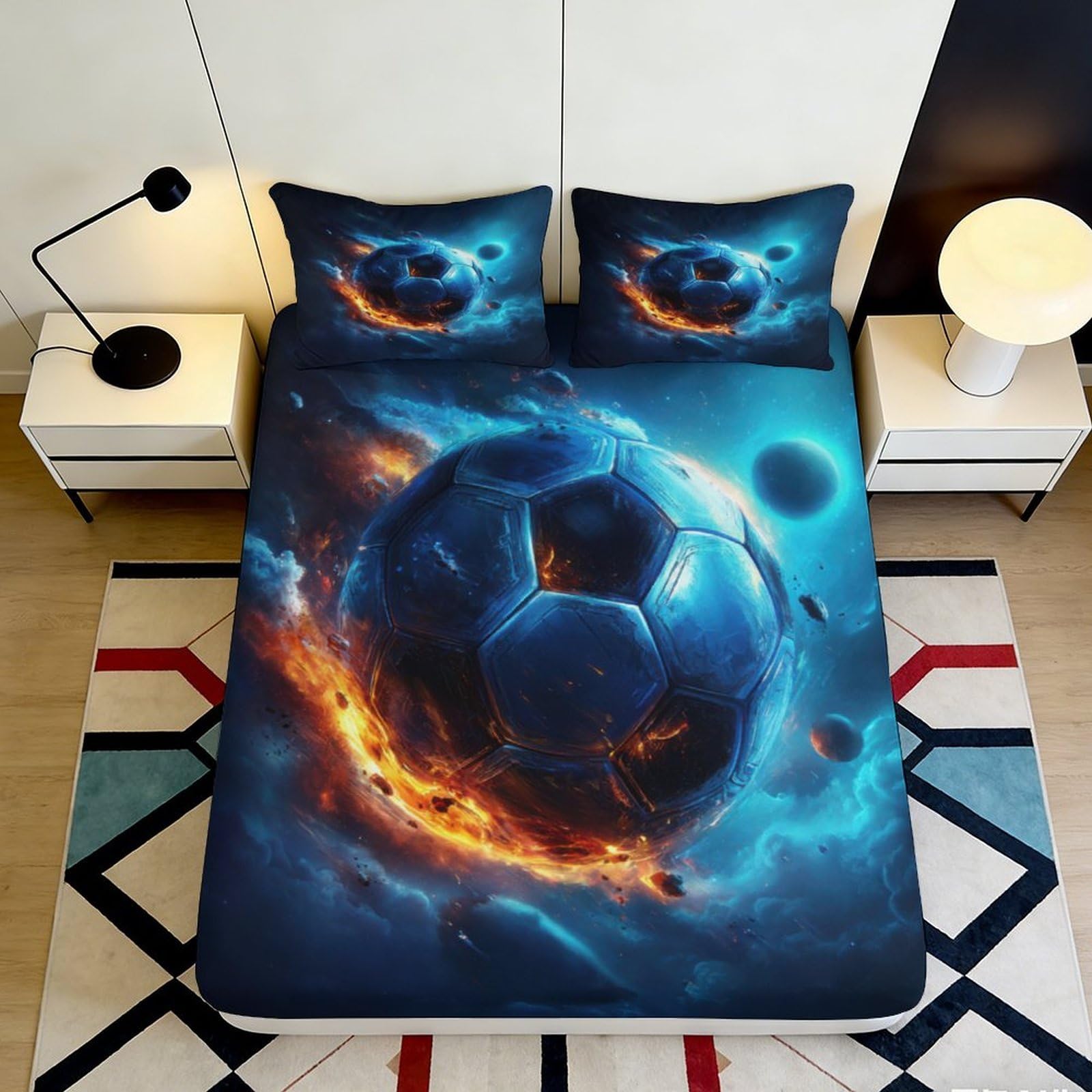 3D Printed Fiery Soccer Ball Fitted Sheet Microfiber Soft Breathable Cosmic Space Bed Cover for Bedroom Dormitory Guest Room Mattress Protection 200x200x25cm