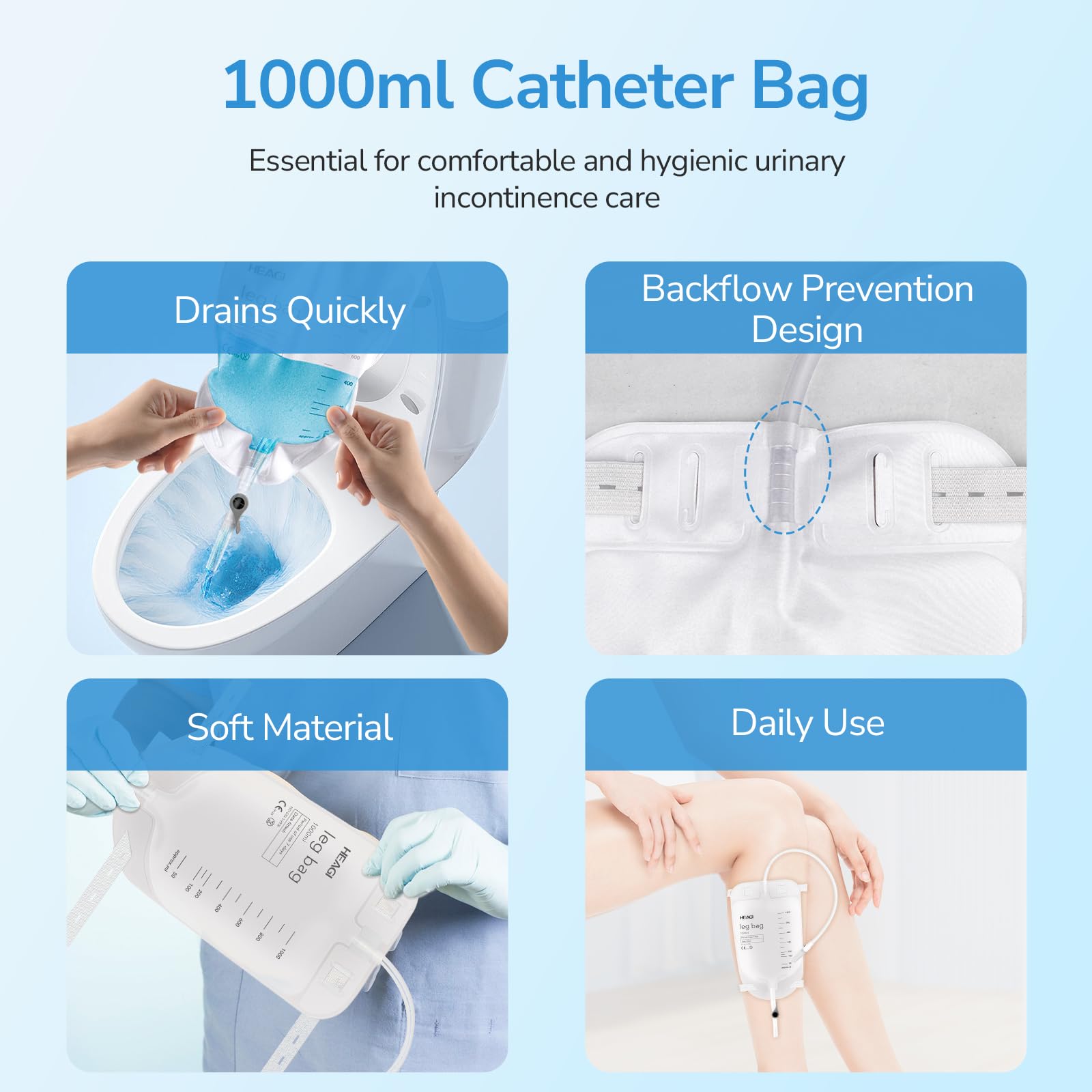 10 Stück Urinbeutel, 1000 ml Urinbeutel Beinbeutel mit Rückflussverhinderer, 45 cm Schlauch und verstellbaren Stoffgurten, Easy Flip Drain, Katheterbeutel für Männer und Frauen