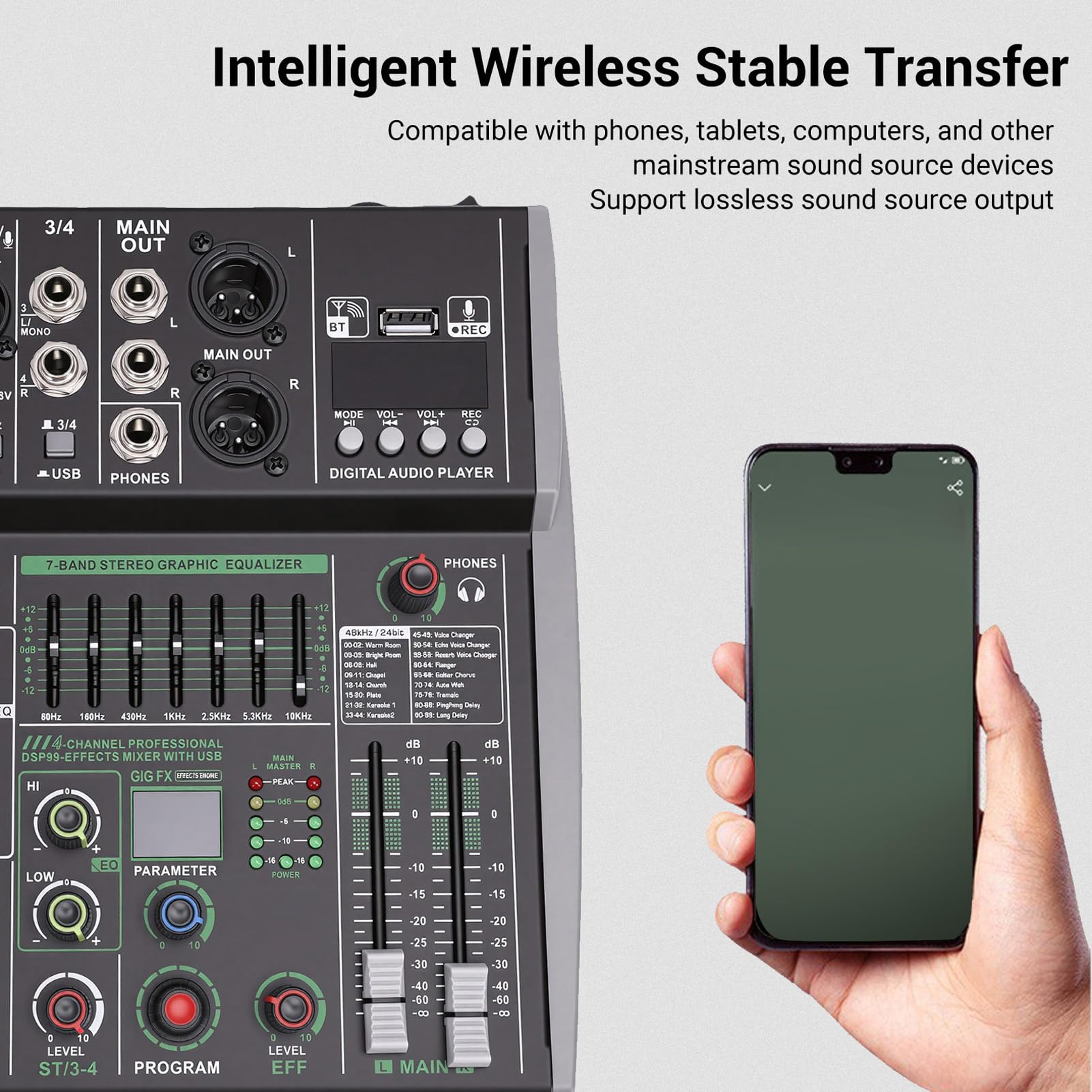 Mezclador de DJ Bluetooth de 4 Canales Consola de Mezcla de Audio, 99 Efectos EQ de 7 Bandas, Interfaz USB de Alimentación Fantasma de 48 V para Grabación en Karaoke Podcast (Enchufe de la