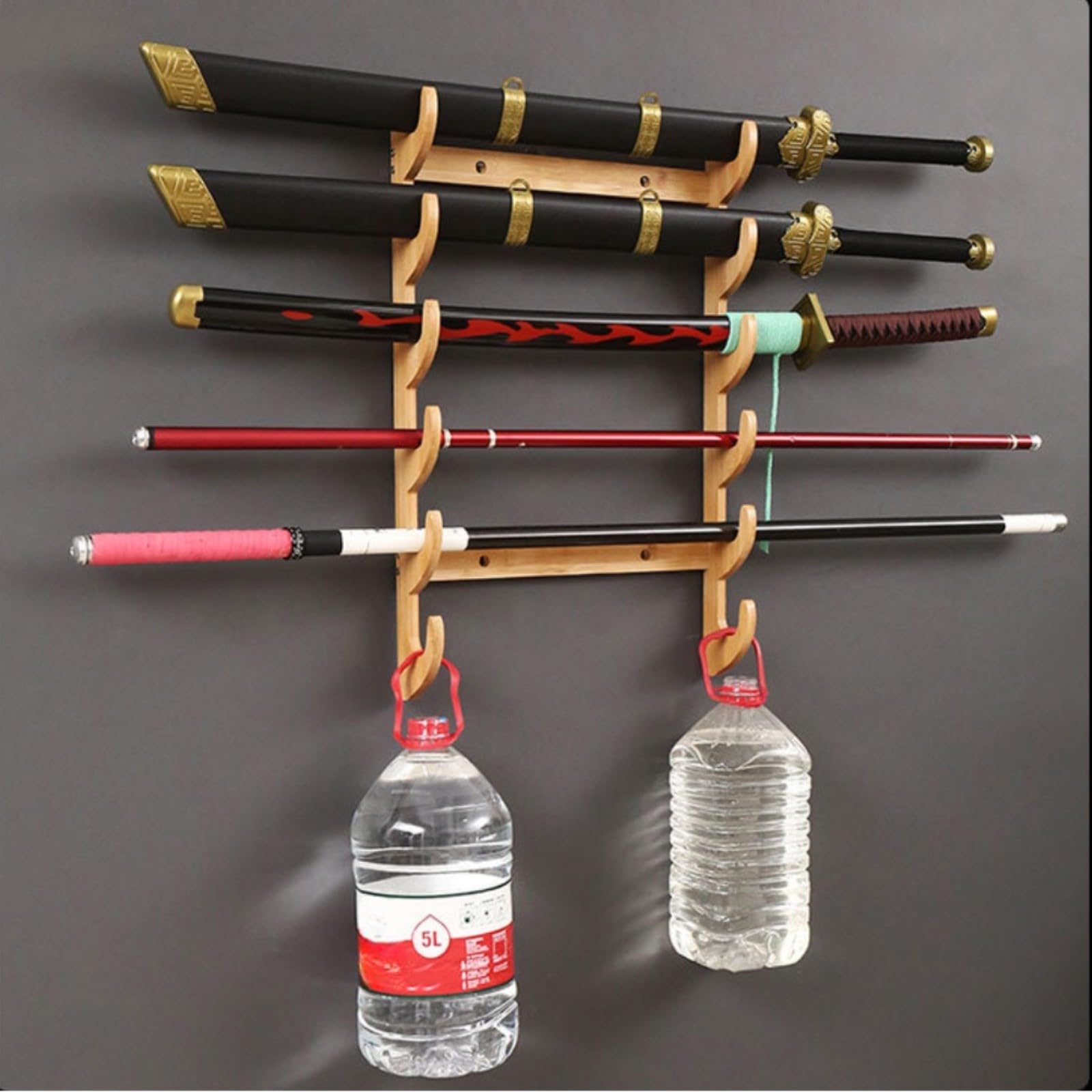 Supporto da parete in legno per canna da pesca con sospensione orizzontale, struttura curva con aperture angolate per riporre canna da pesca organizzata (4 piani)
