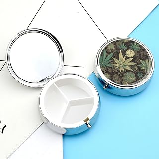 Round Silver Pill Box Small Pill Case for Purse and Pocket 3 Compartment | A Puff in Time Weed Marijuana Travel Pill Organizer Waterproof Cute Metal Pill Container for Vitamins, Fish Oil 2 Inch
