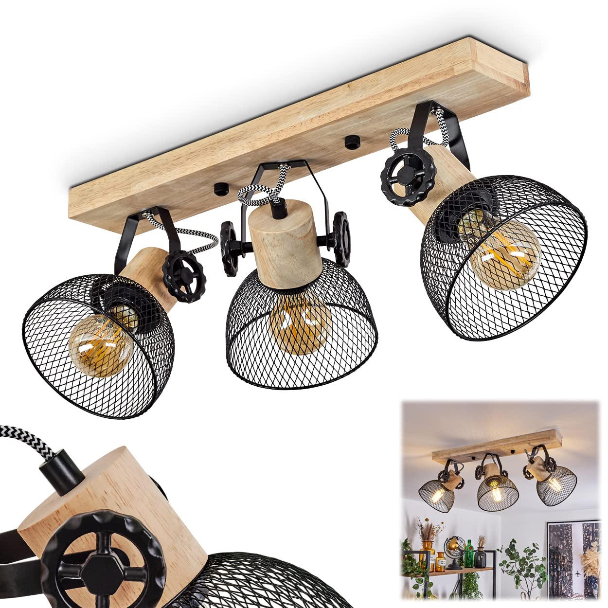 HOFSTEIN Ceiling Light Orny, Industrial Style, Black & Ecru, 3x E27, 8.5 x 25 x 50 cm (Diameter: 14.5 cm), Bedroom & Living Room