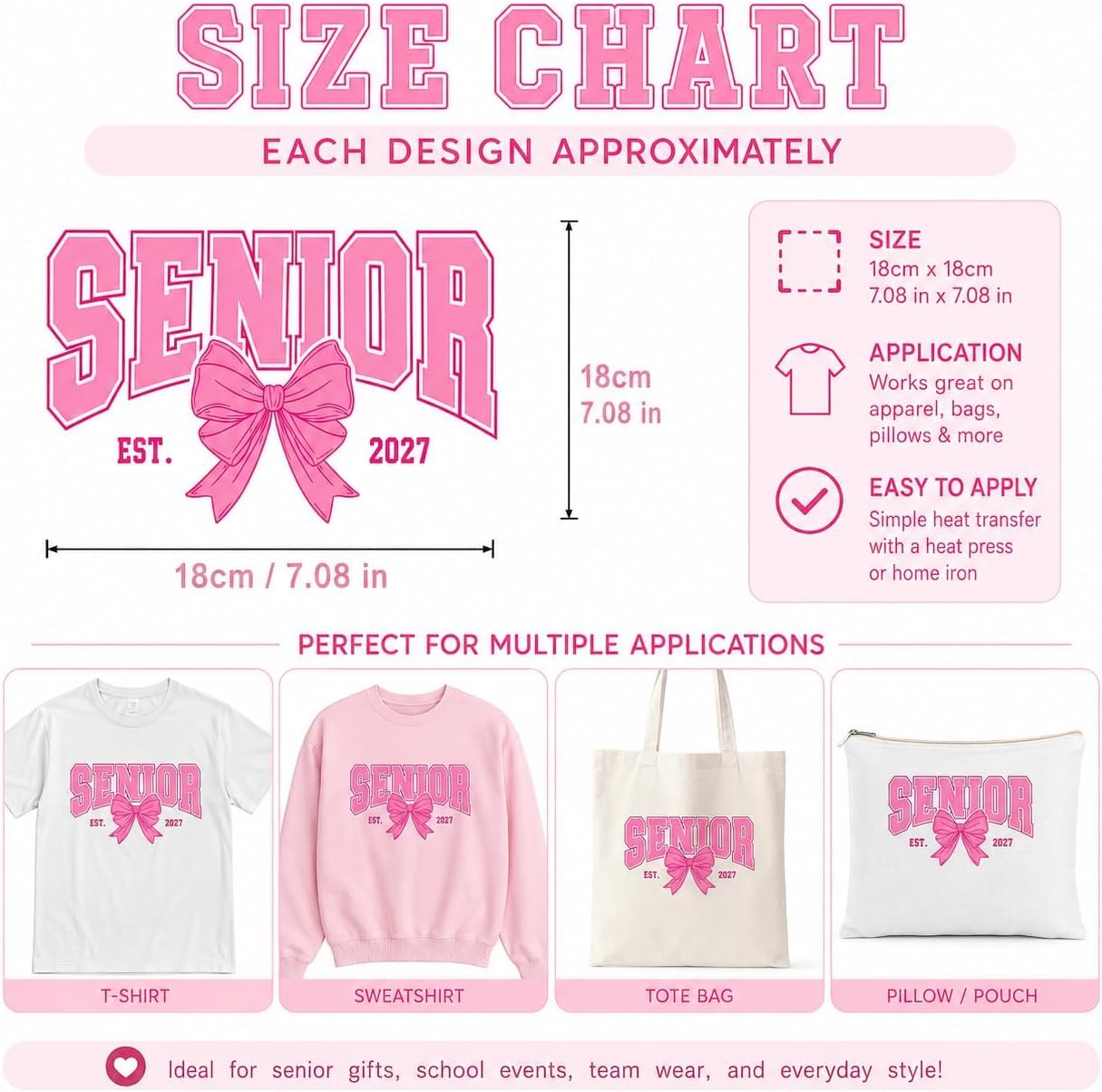 Senior Iron On Transfers for Clothing, 6 Pack Pink Bow Graduation Heat Transfer Decals for Class of 2027 Girls, T-Shirts, Jeans and Senior Year Gifts
