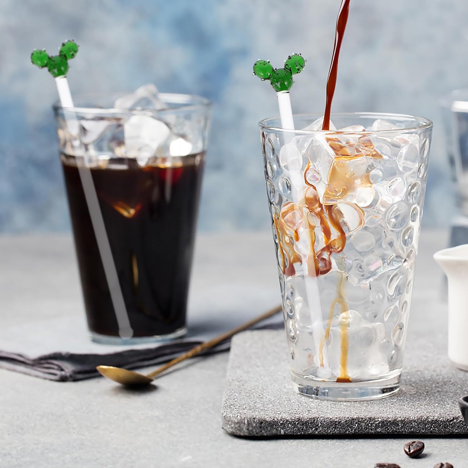 HEMOTON Creative Long Handle Glass Cactus Stirring Stick Swizzle Stick Mixing Rod for Cocktails Bar Juice Drinks