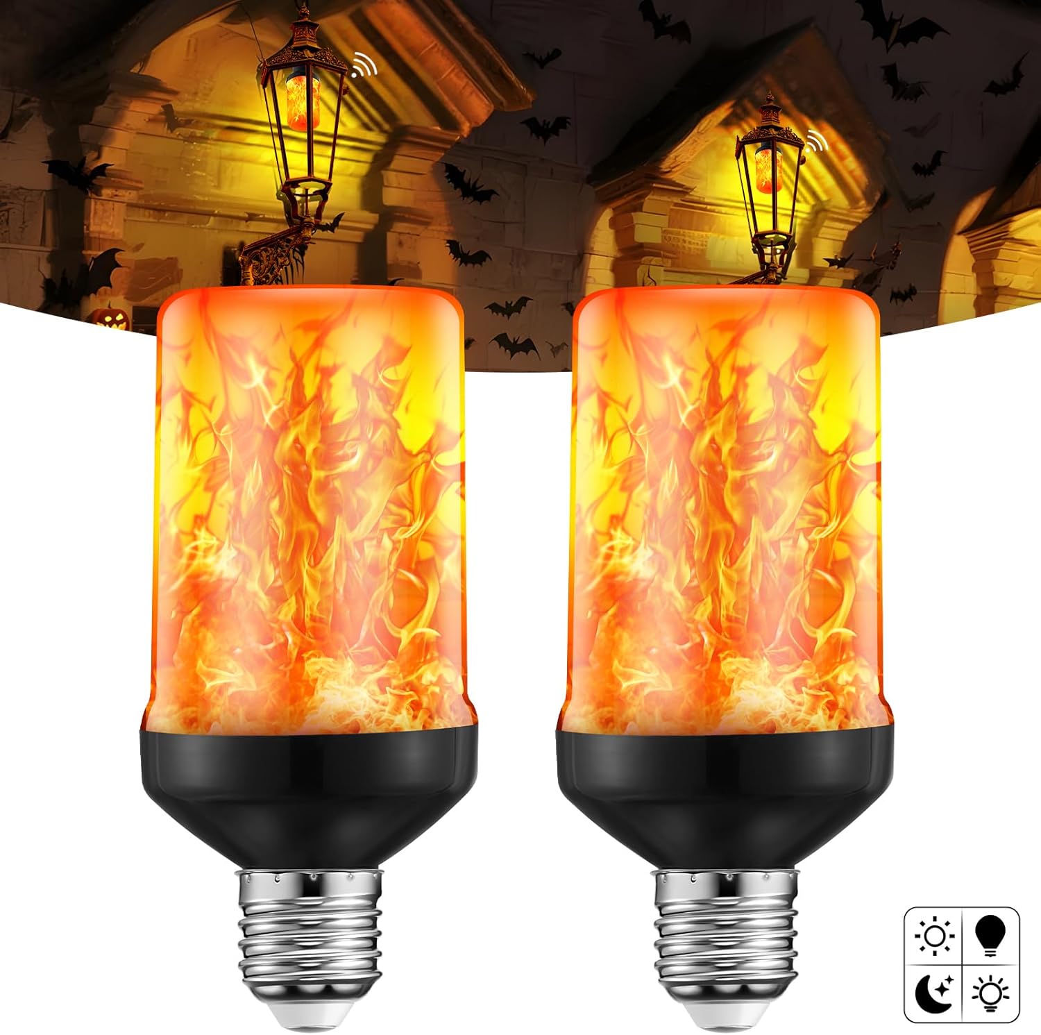 VIHOSE Upgraded Dusk to Dawn LED Flame Light Bulbs Outdoor,E26 Flickering Light Bulbs with Upside Down Effect, Fire Bulb for Christmas Halloween Patio Porch Outdoor Decor, 25, 000 Hours, 2 Pack