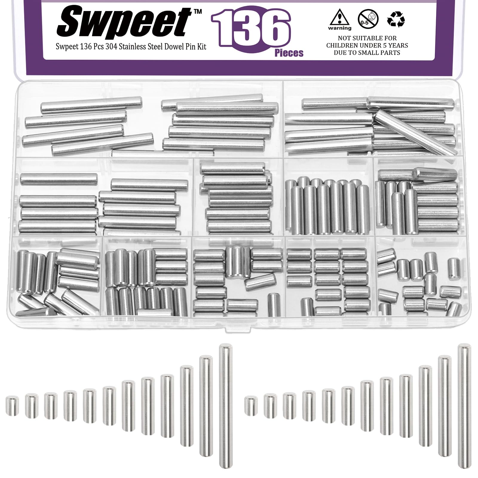 Swpeet 136Pcs 11Sizes M5 304 Stainless Steel Dowel Pin Assortment Kit, Cylindrical Shelf Support Peg Pin Rod Fasten Elements for Maintenance and Connection (with A Storage Box )