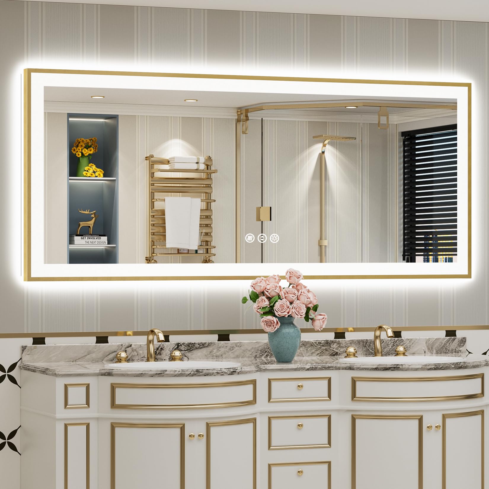 72x32 Gold LED Bathroom Mirror with Lights, Lighted Vanity Mirror