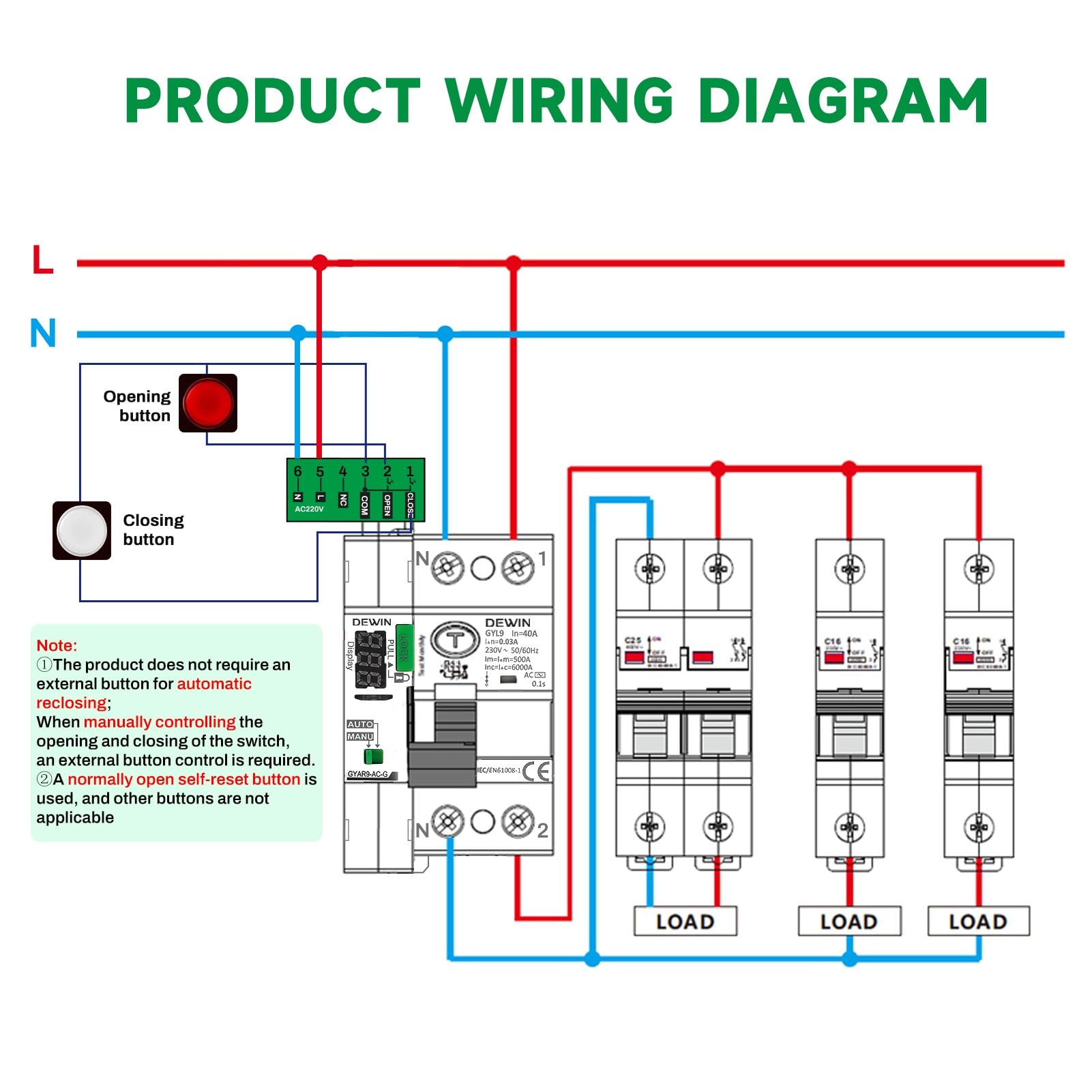 DEWIN 40A 30mA Salvavita con Riarmo Automatico con display a LED,Restart 40A Interruttore Differenziale a Riarmo Automatico (30mA Type AC)