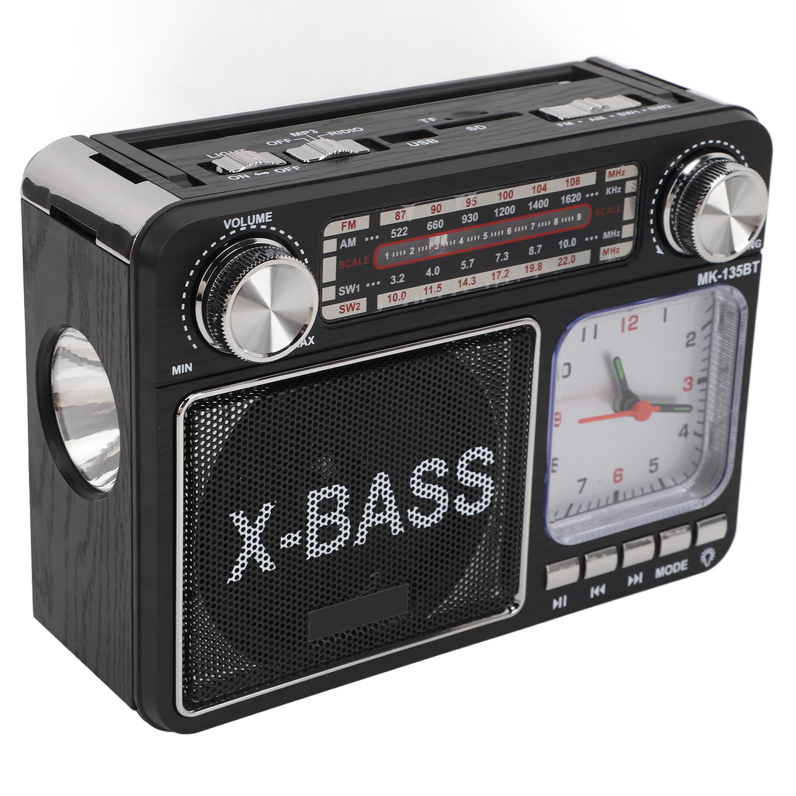 BT Sintonización Manual Estilo Retro Portátil Am FM SW con Reloj Luminoso Negro 3 Opciones de energía Recepción para Acampar al Aire Libre Uso en Interiores