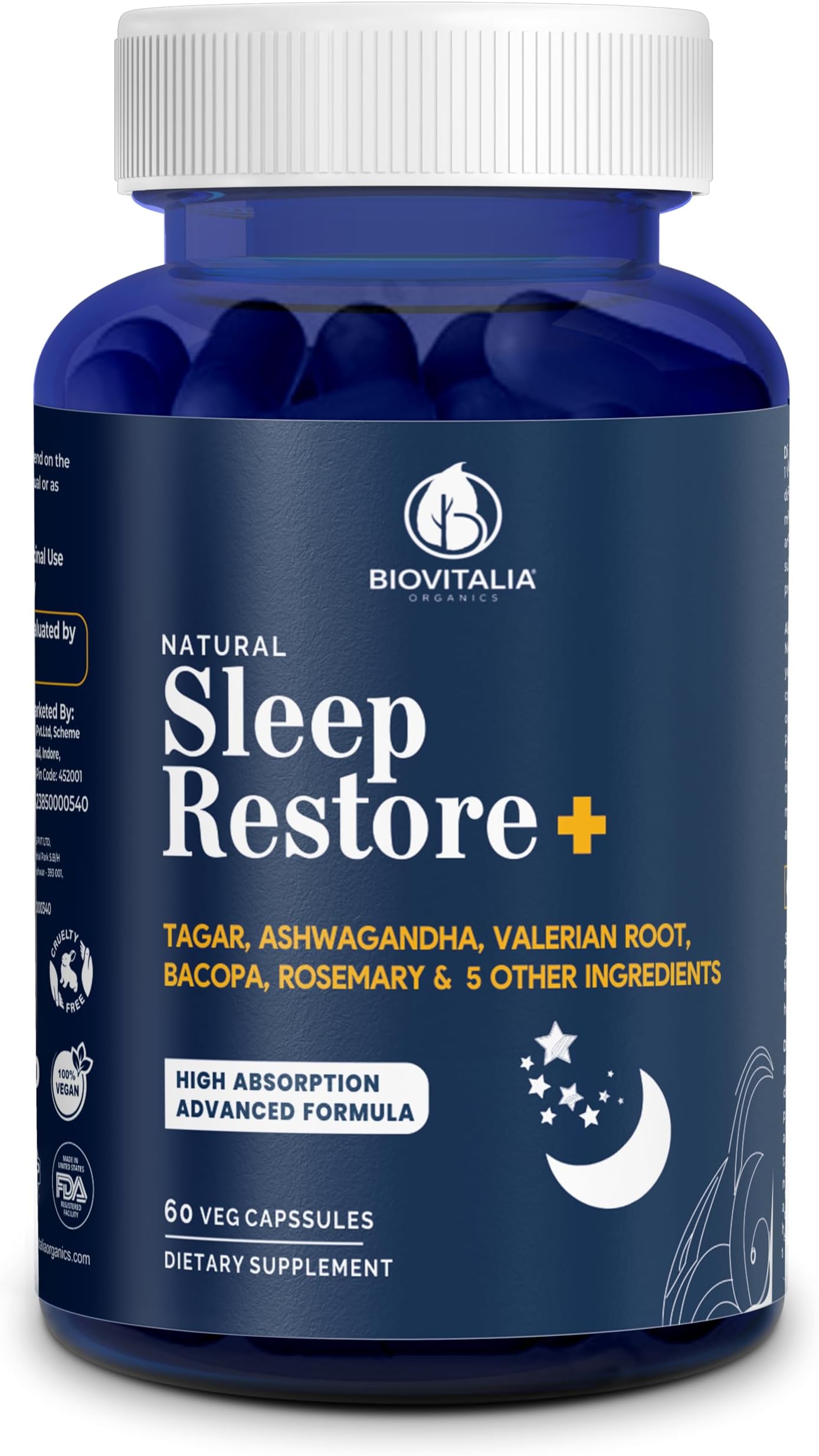 Biovitalia Natural Sleep Restore+ Sleeping Tablets, Deep Sleep Supplement for Better Sleep Non Habit Forming Support Formula for Healthy Sleep Cycle Men & Women - 60 Capsule