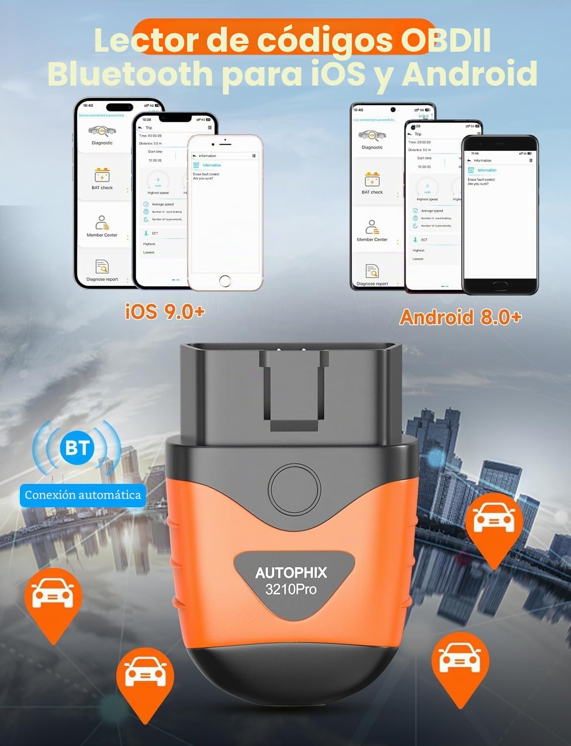 AUTOPHIX OBD2 - Adaptador Bluetooth para coche, dispositivo de diagnóstico de coche, motor ABS SRS, caja de cambios inalámbrica, lector de código de error con prueba de batería, aplicación exclusiva