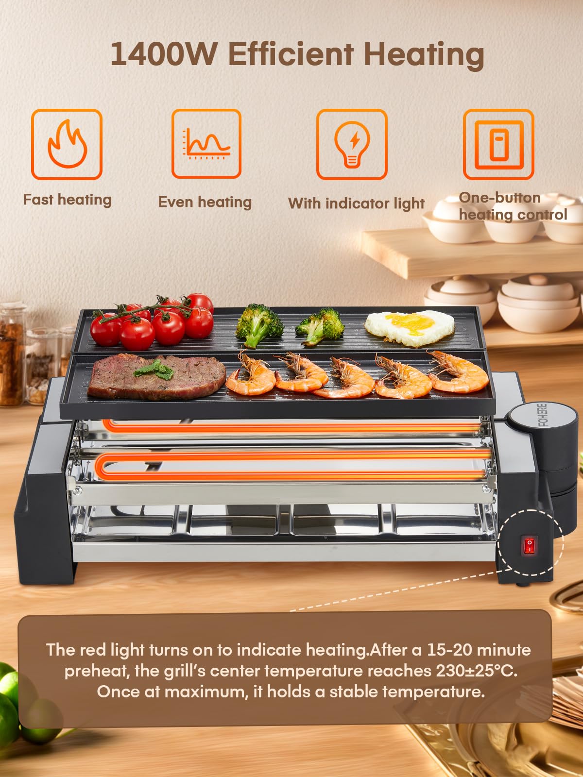 FOHERE Raclette Grill, Drehbarer Raclette 8 Personen mit Antihaftbeschichteter Backplatte und 8 Käseplatten, 1400 W, Edelstahl matt, ideal für Zuhause und Partys
