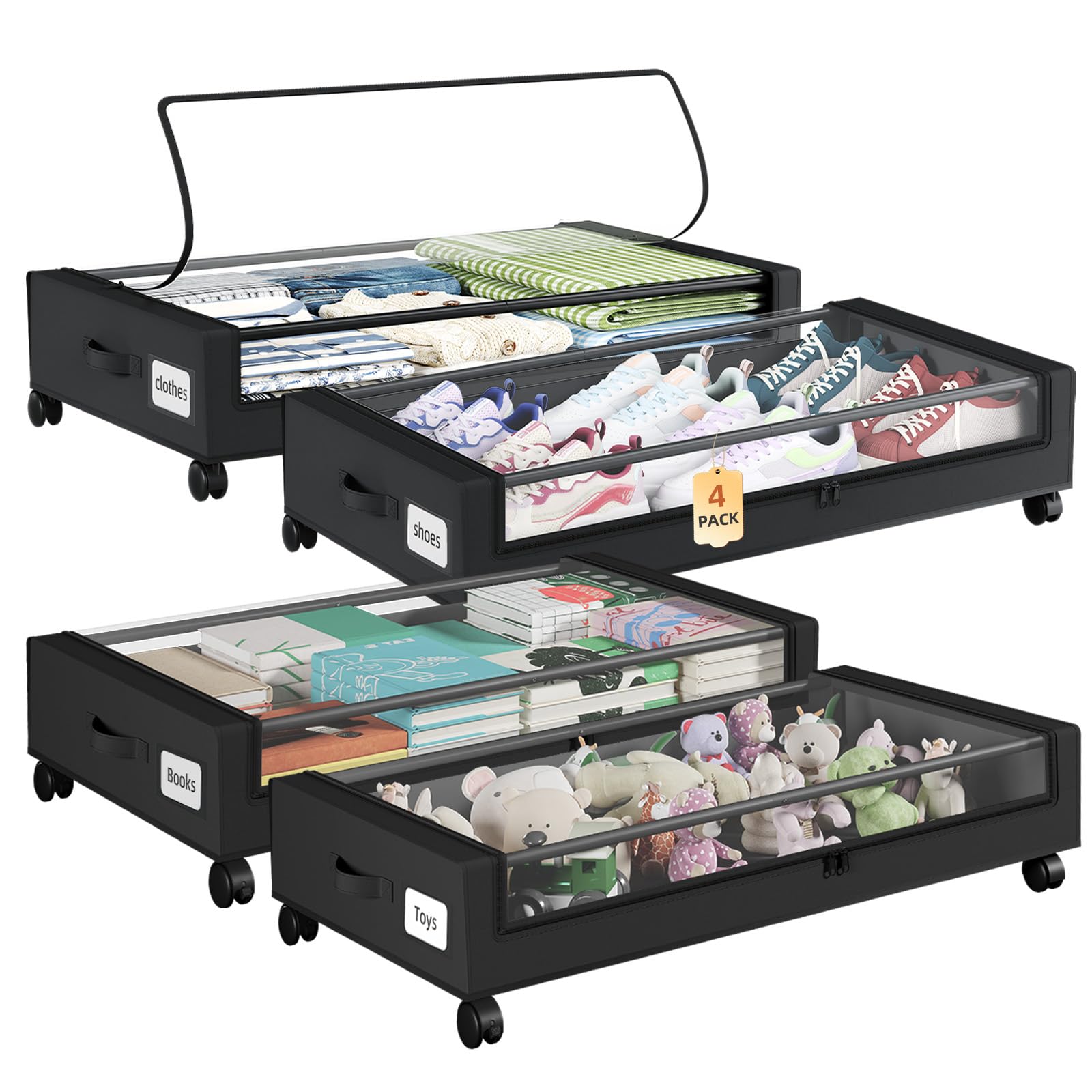 Somdot 48L Under Bed Storage Box, Large Capacity Under Bed Storage on wheels with Lid and Zip, Foldable Organiser for Clothes Bedding and Shoes, Black, 4 Pack — image 1