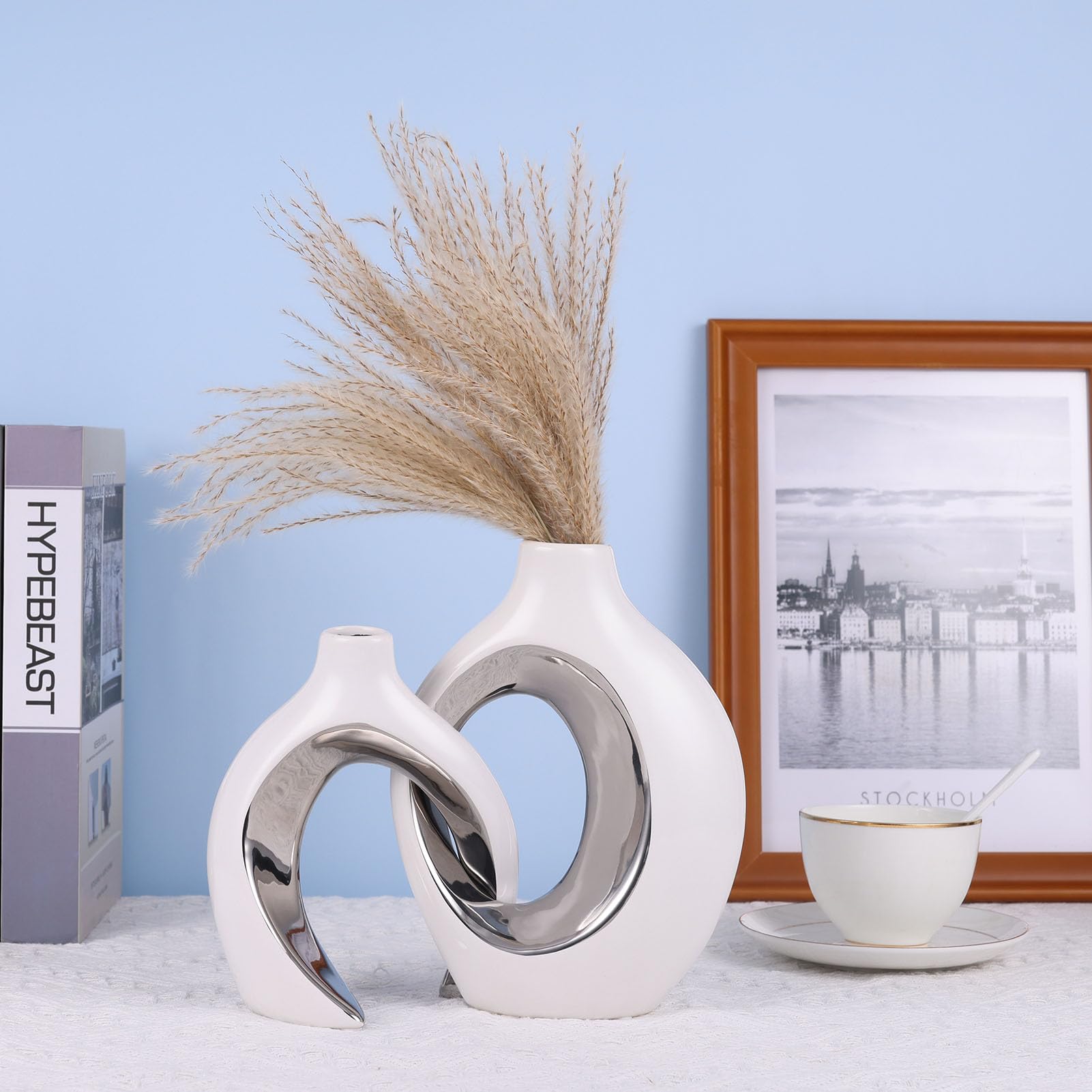 Juego de 2 Jarrones De Cerámica Huecos -Decoración Bohemia Moderna para Comedor, Sala de Estar, Oficina, Dormitorio Flores Secas y Pampas Regalo Ideal para Inauguración de Casa