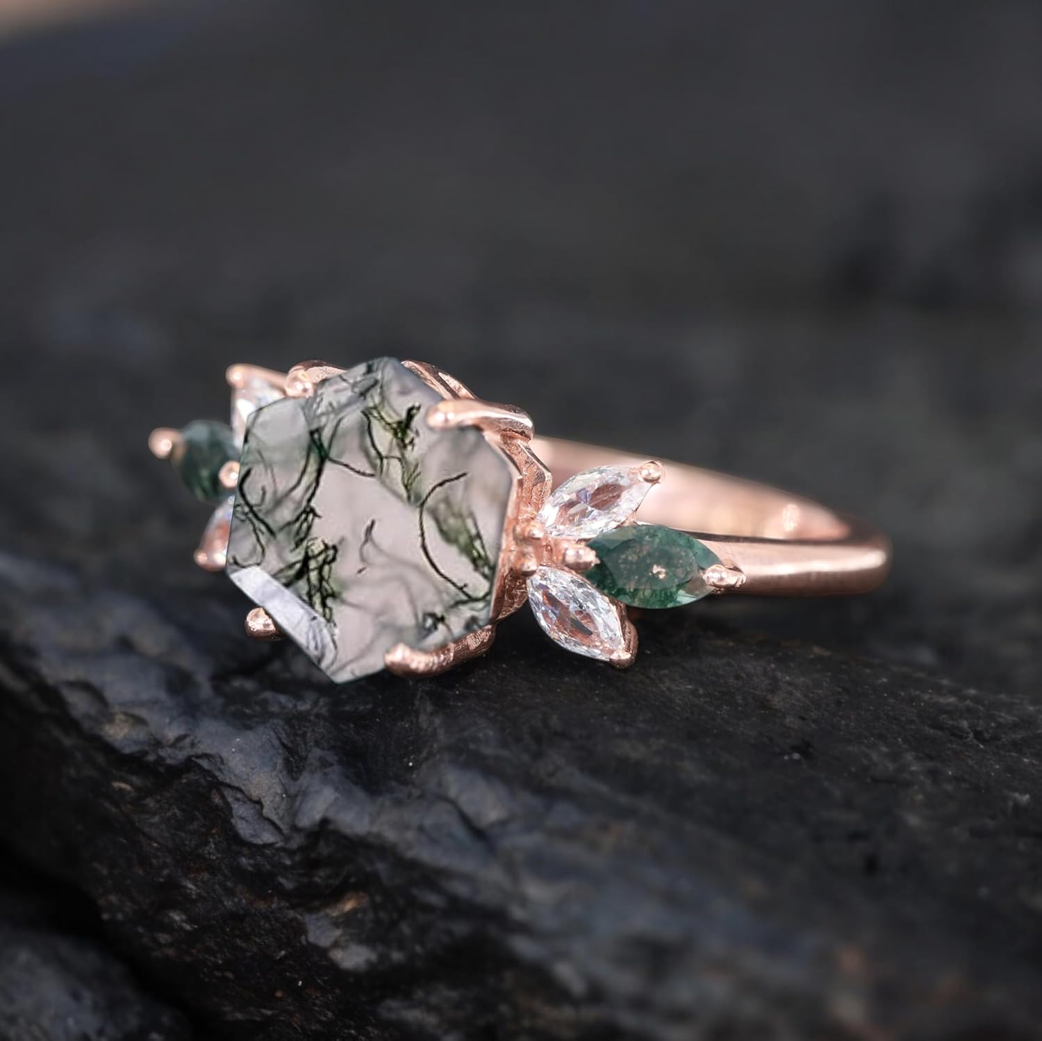moss agate engagement ring rose gold plated fine jewelry natural hexagon shape green gemstone diamond cluster ring delicate art deco women bridal promise gift by abest jewelry