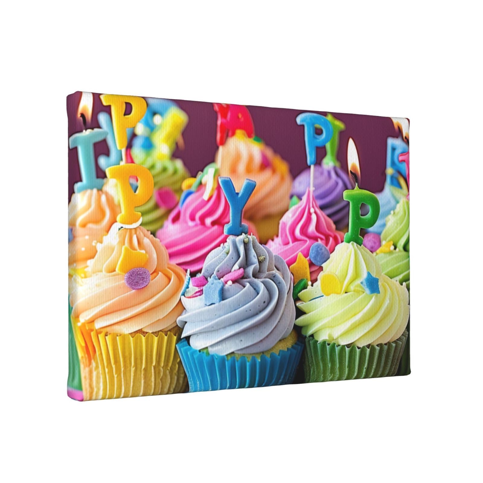 YKLJG Colorful Happy Birthday Cupcakes Printed Wall Art Canvas Painting 30x20 CM Wooden Framed Picture Painting Artwork Prints for Bedroom Kitchen Home Office Decor