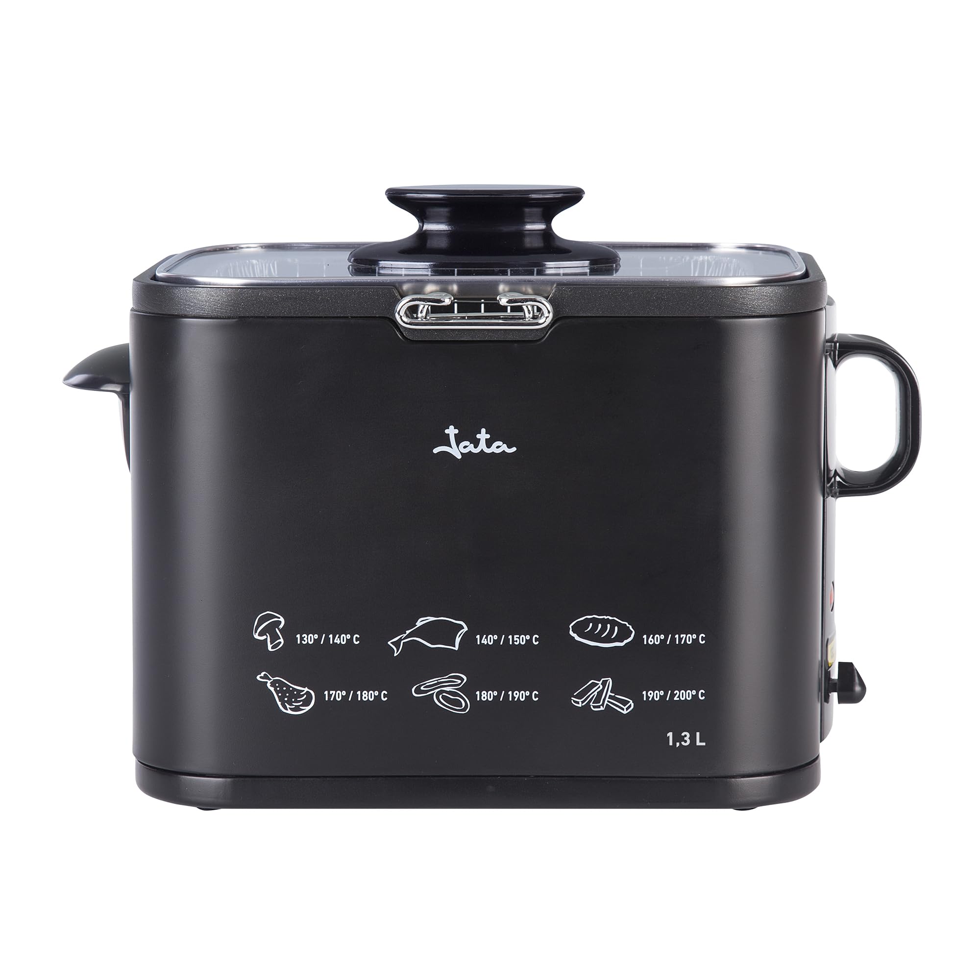 Jata FR5600 – Compact Oil Fryer. Capacity: 1.3 litres. Non-stick. Free of PFOA and PTFE. Metal structure. Anti-fingerprint stainless steel body. Adjustable thermostat. Basket adjusted to optimize