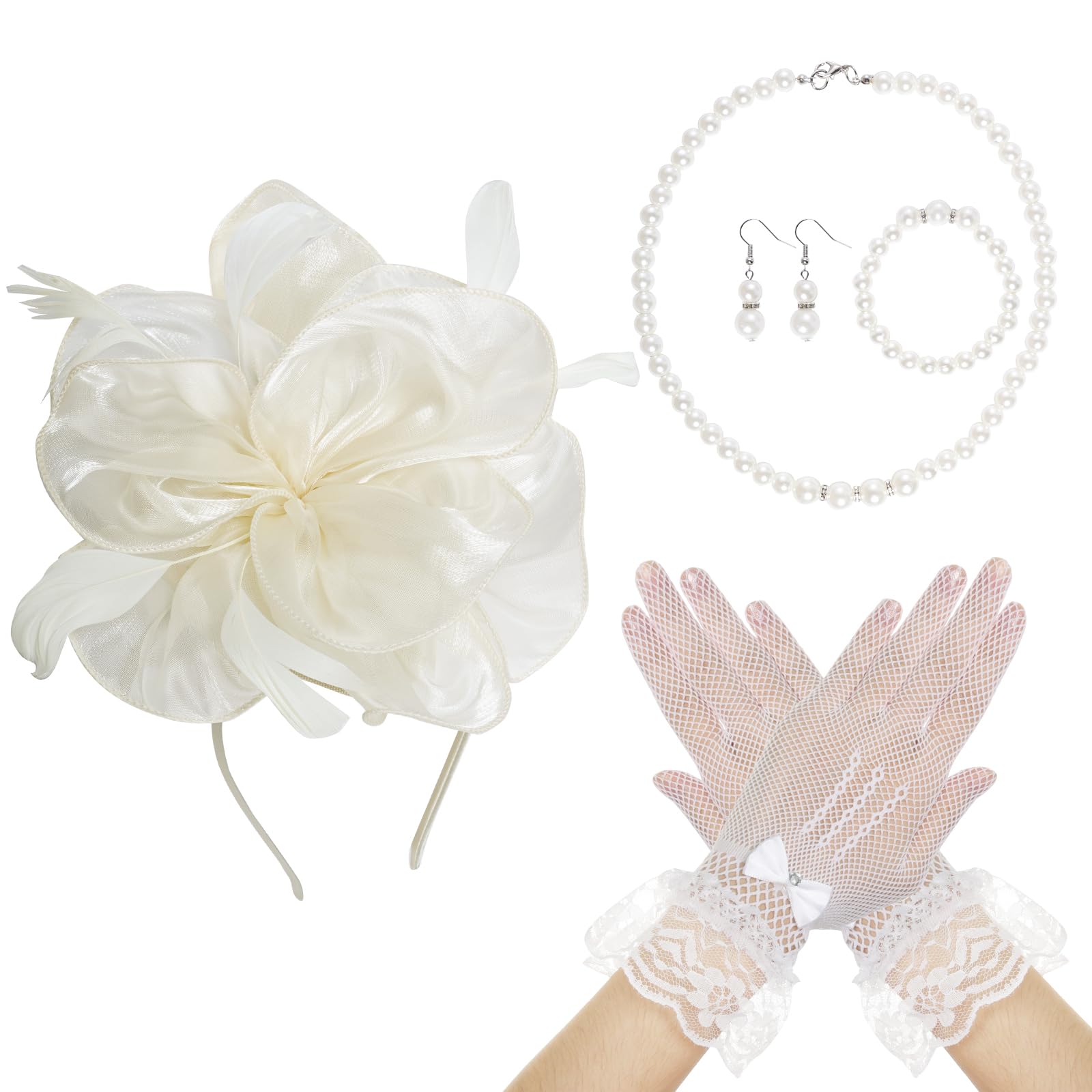 Tea Party Hat Fascinators Headband and Gloves Pearl Set for Women Tea Party Halloween Cocktail Wedding