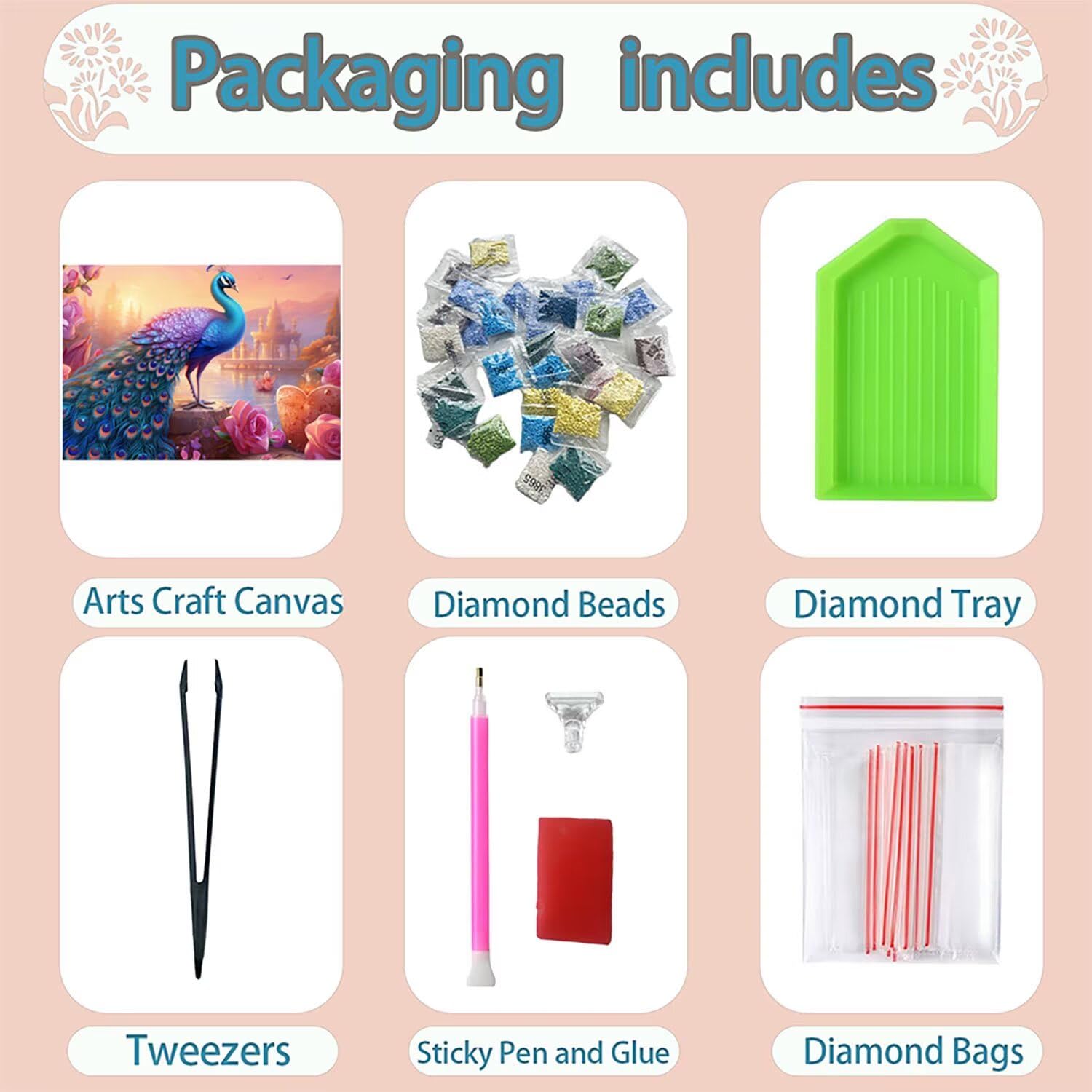 Malowanie diamentami paw, DIY kwiat diamentowy obraz dla dorosłych kompletny zestaw, DIY diamentowe malowanie dzieci dla początkujących, zestawy do malowania diamentami z koralikami do dekoracji domu