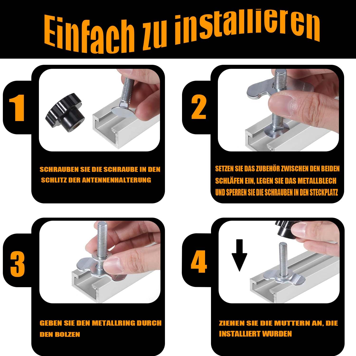Fixations à vis M8x60 pour Rails d'arrimage, 12 pièces, Noir | fixations à vis avec poignée en étoile pour rails d'arrimage, accessoires pour camping-cars