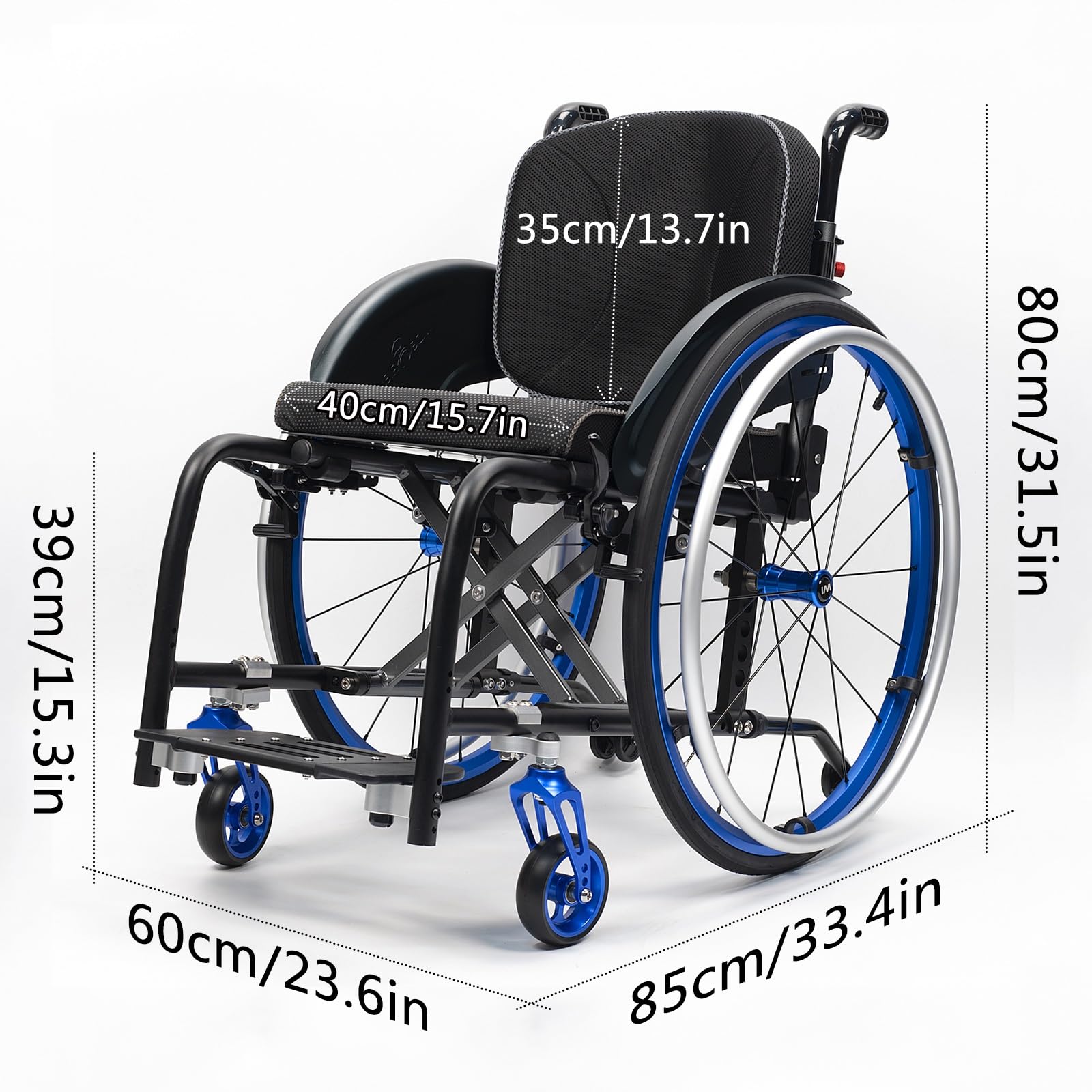 Silla de ruedas manual ligera, silla de ruedas deportiva ultraligera portátil todo terreno, silla de ruedas plegable, sillas de ruedas de transporte con antivuelco(Blue B,40cm/15.7in)