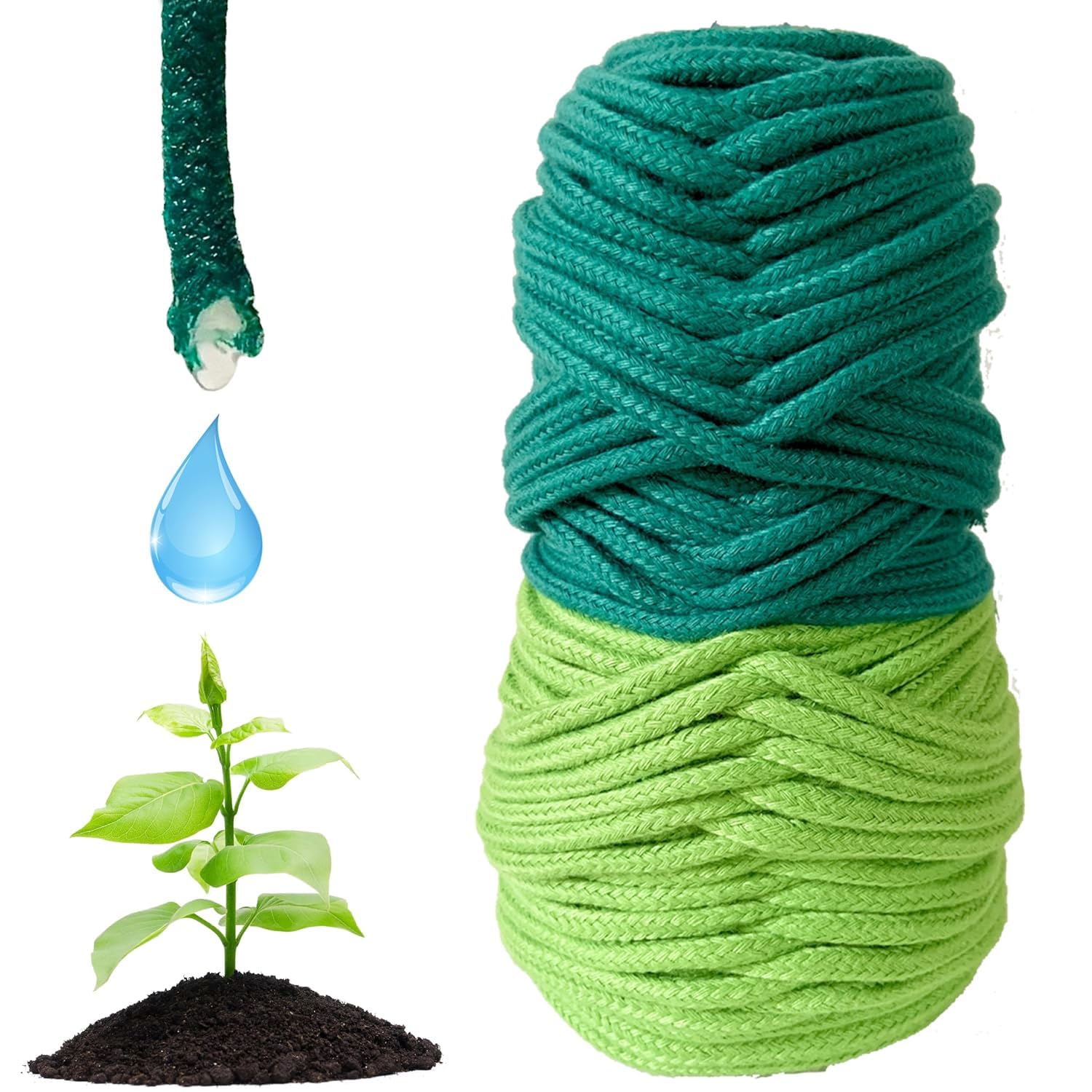 Pro - Plants Automatic Drip Watering Wick Cord Spike (1/6 inch, Light & Dark Green, 4 mm, 30 feet)